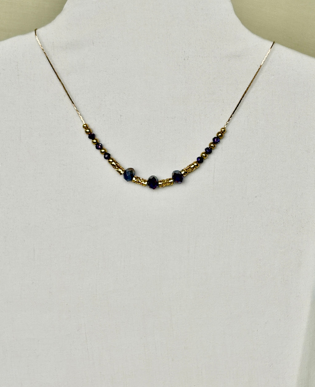 Indigo Crystal & Gold Filigree Tube Beaded Necklace