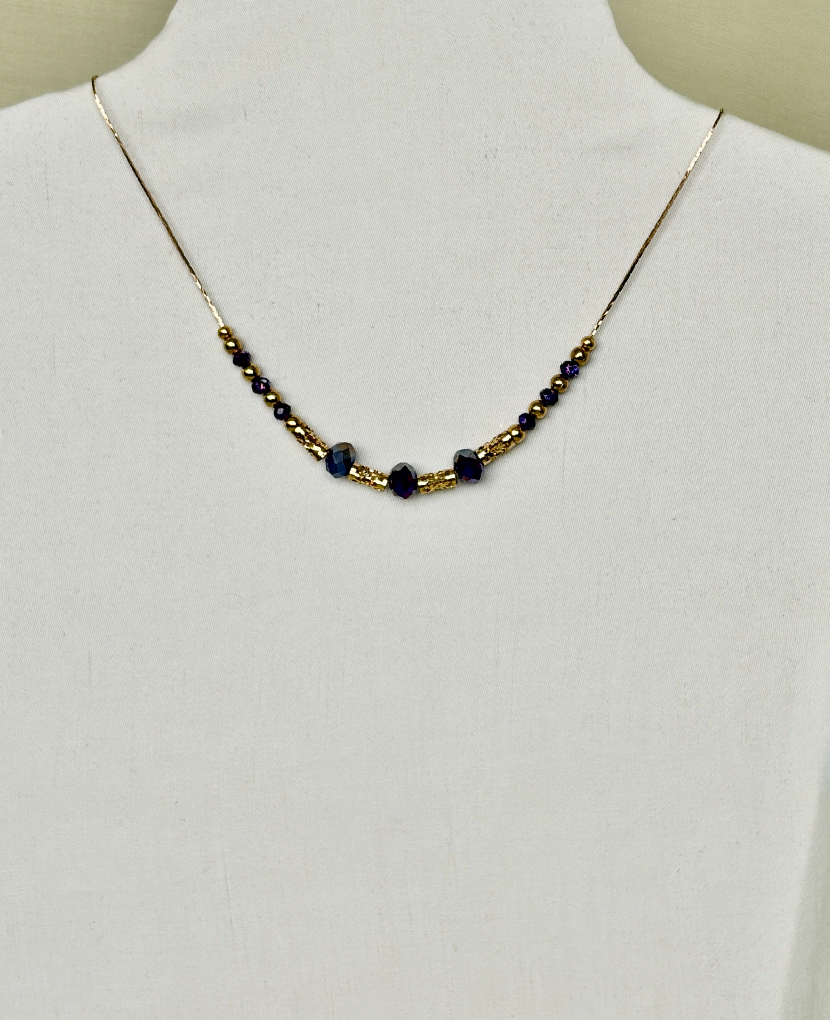 Indigo Crystal & Gold Filigree Tube Beaded Necklace