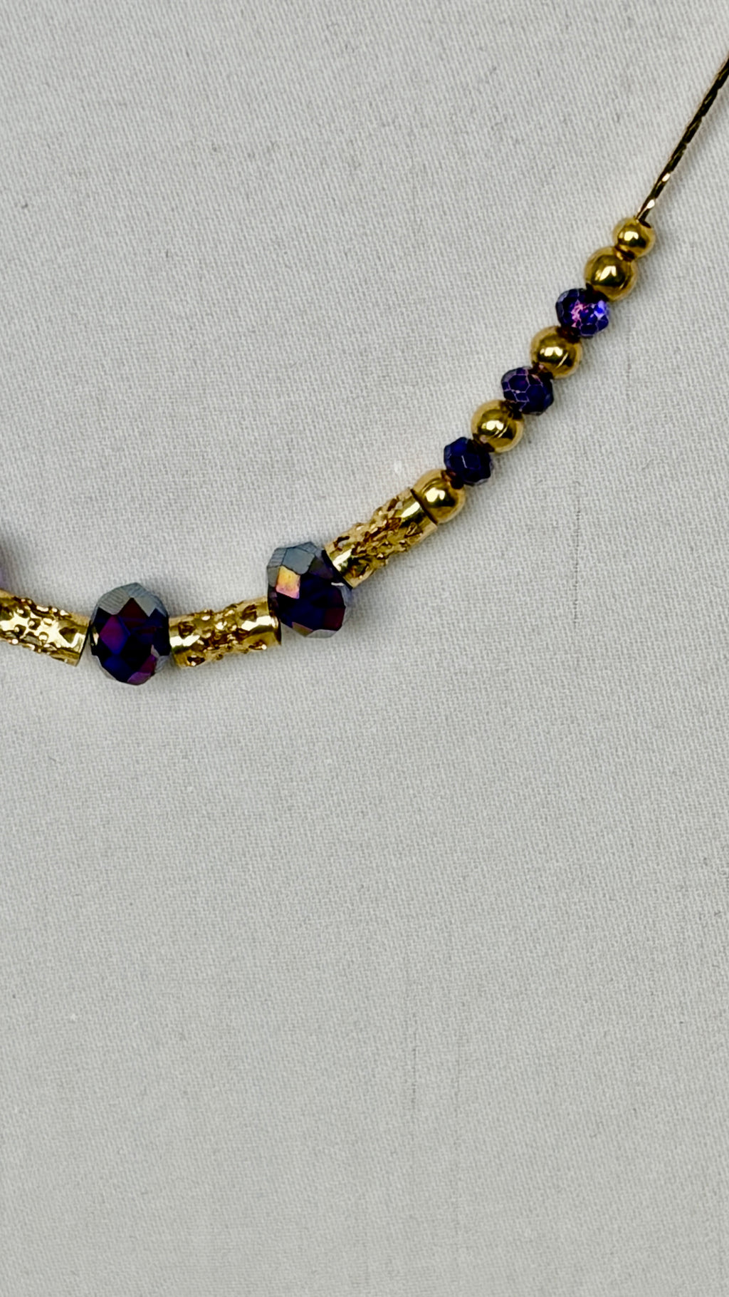 Indigo Crystal & Gold Filigree Tube Beaded Necklace