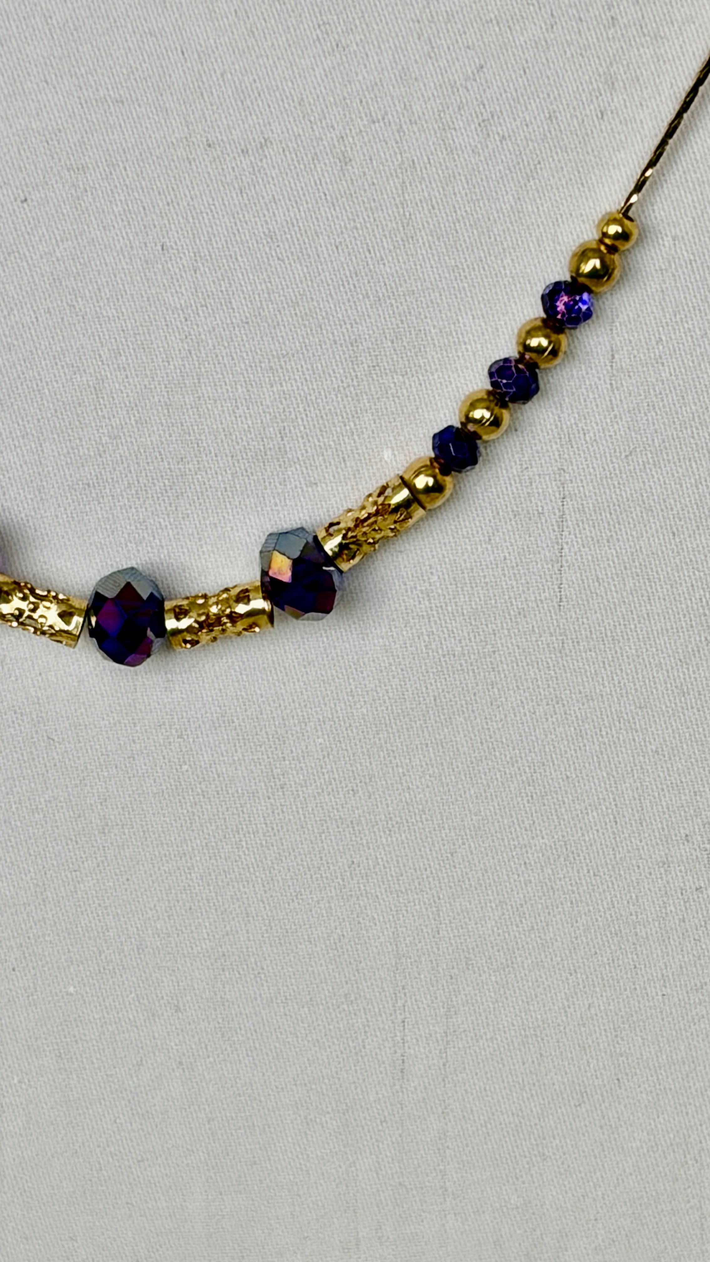 Indigo Crystal & Gold Filigree Tube Beaded Necklace