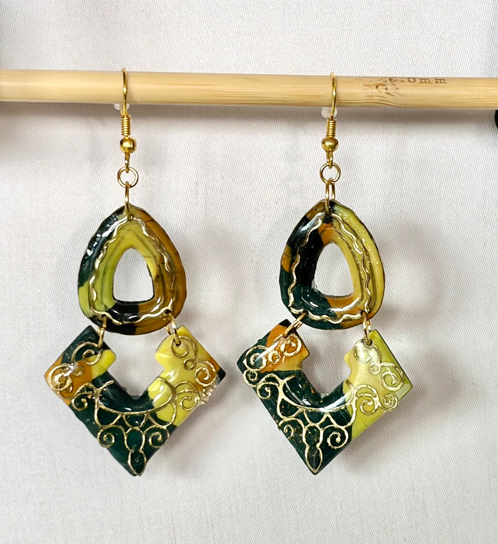 Handmade Polymer Clay Drop Earrings | Olive & Gold Filigree