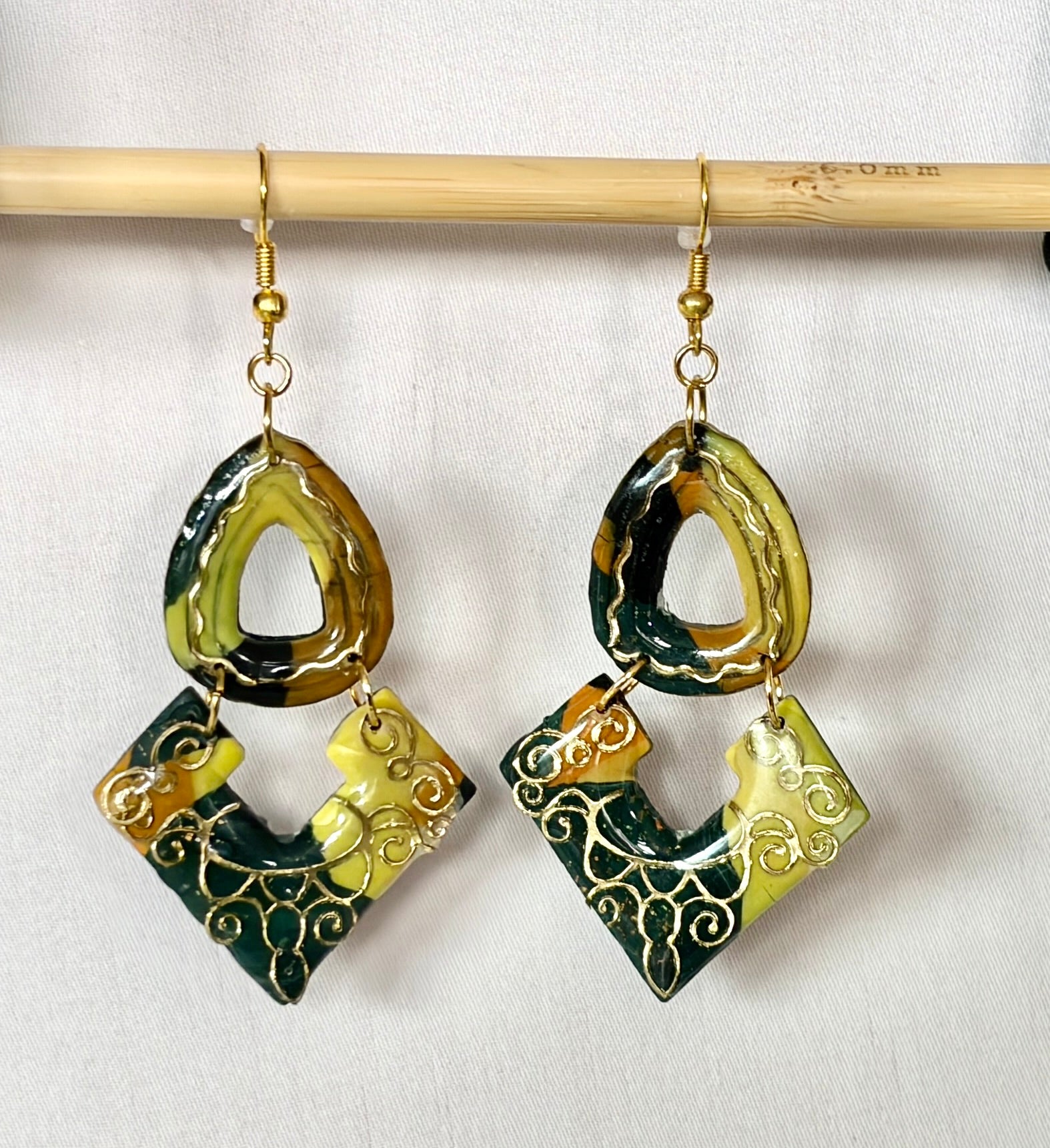Handmade Polymer Clay Drop Earrings | Olive & Gold Filigree