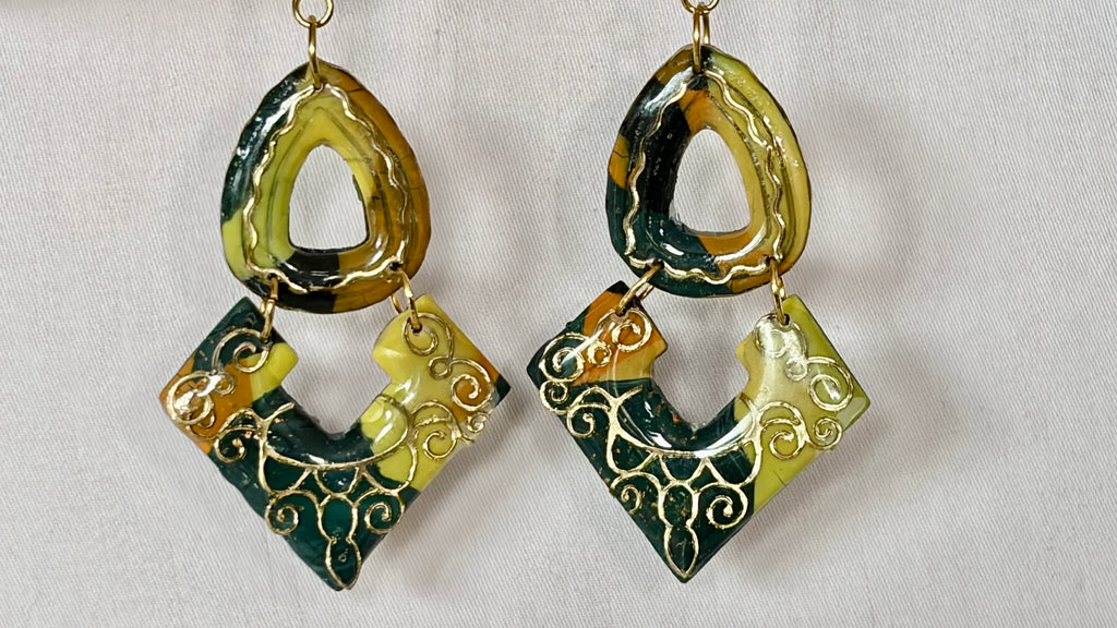 Handmade Polymer Clay Drop Earrings | Olive & Gold Filigree