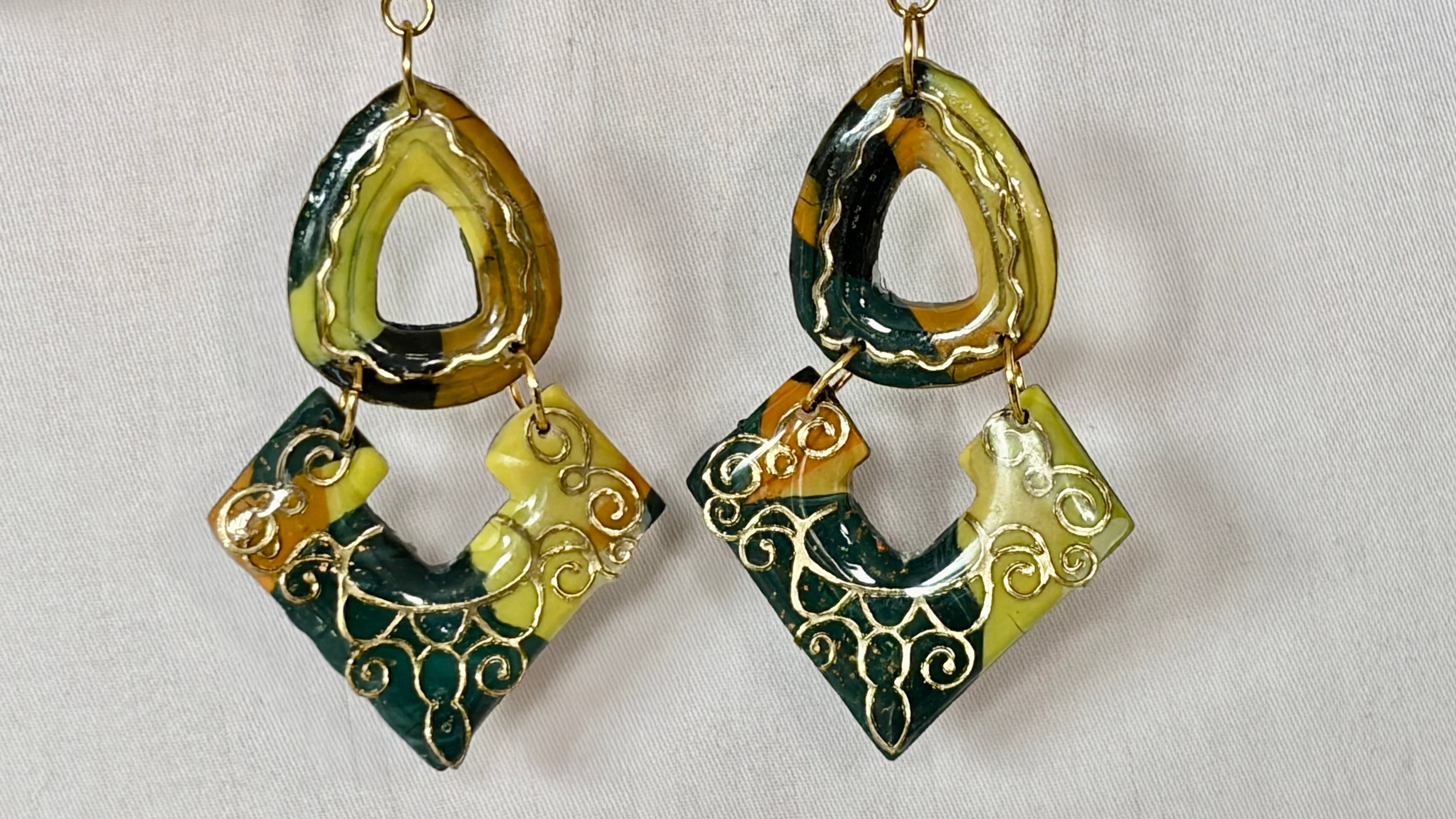 Handmade Polymer Clay Drop Earrings | Olive & Gold Filigree