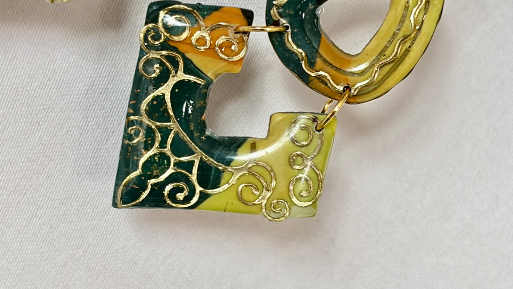 Handmade Polymer Clay Drop Earrings | Olive & Gold Filigree