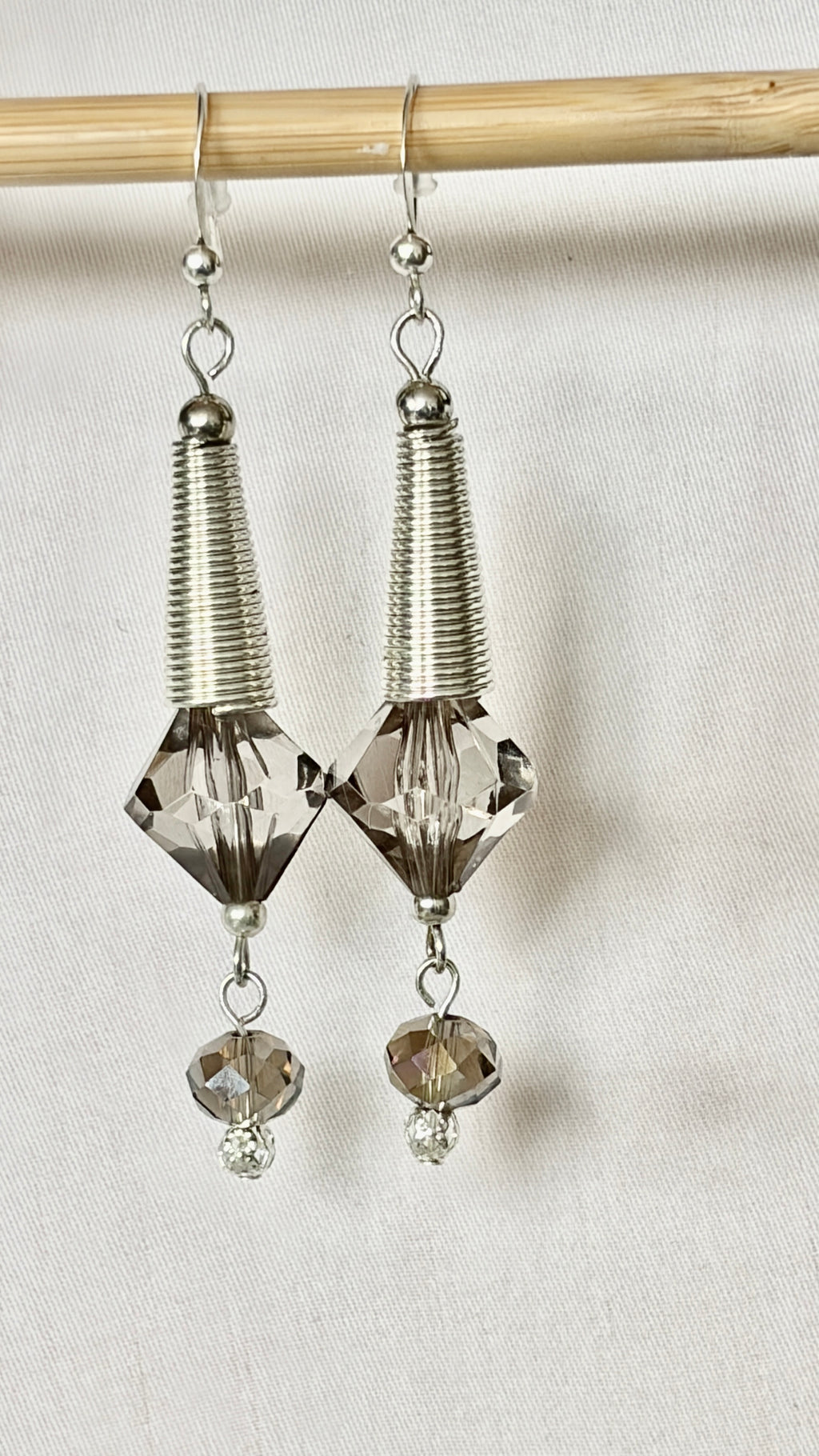 Smoky Crystal & Wire-Wrapped Cone Drop Earrings