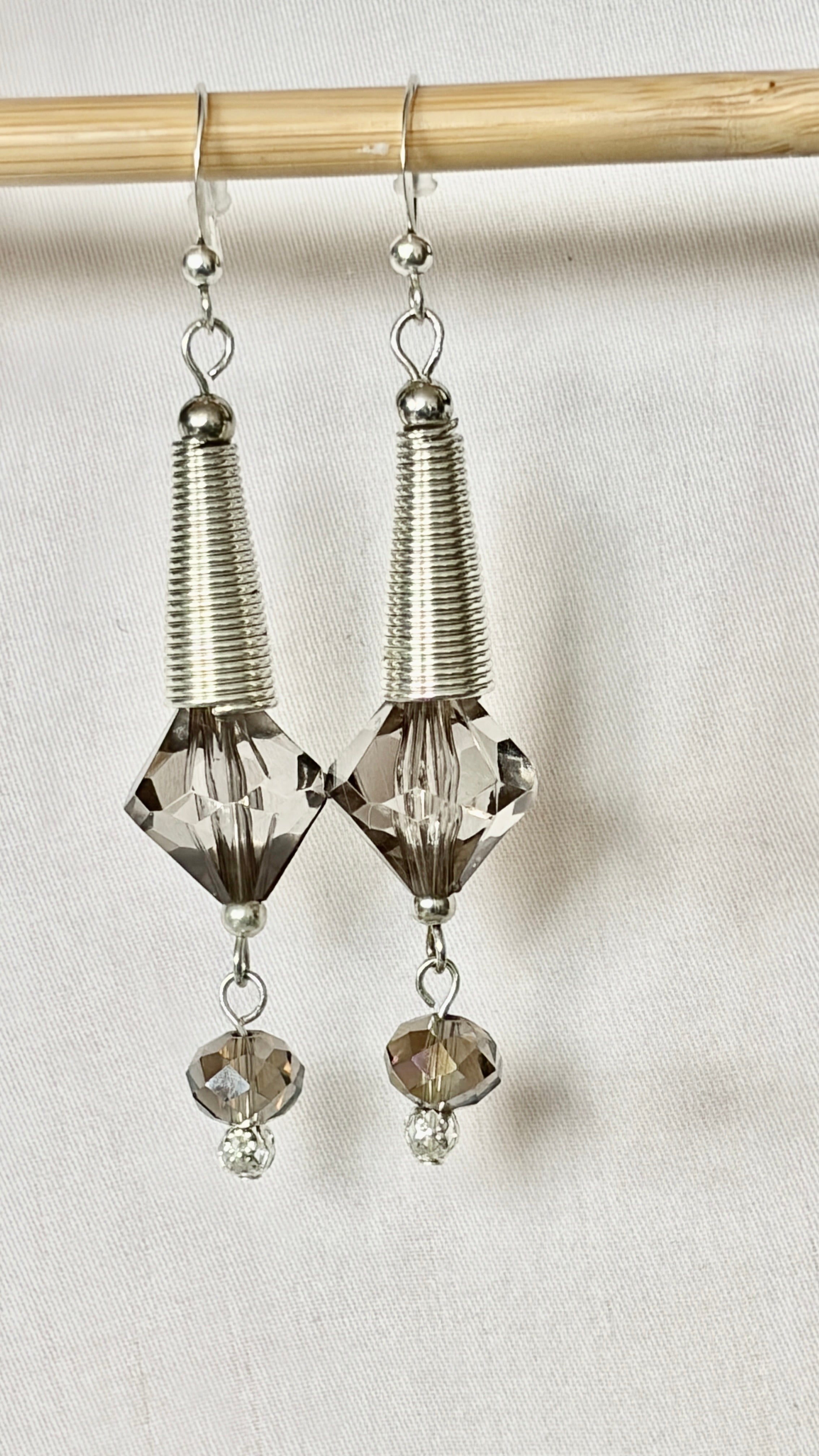Smoky Crystal & Wire-Wrapped Cone Drop Earrings