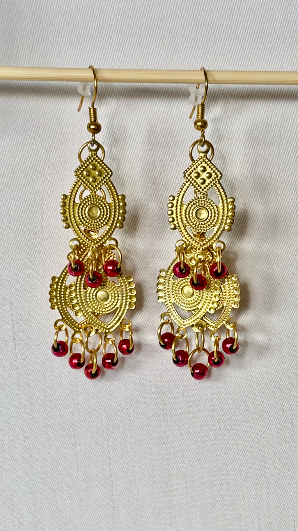Gold Filigree Chandelier Earrings with Garnet Bead Drops