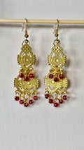 Gold Filigree Chandelier Earrings with Garnet Bead Drops