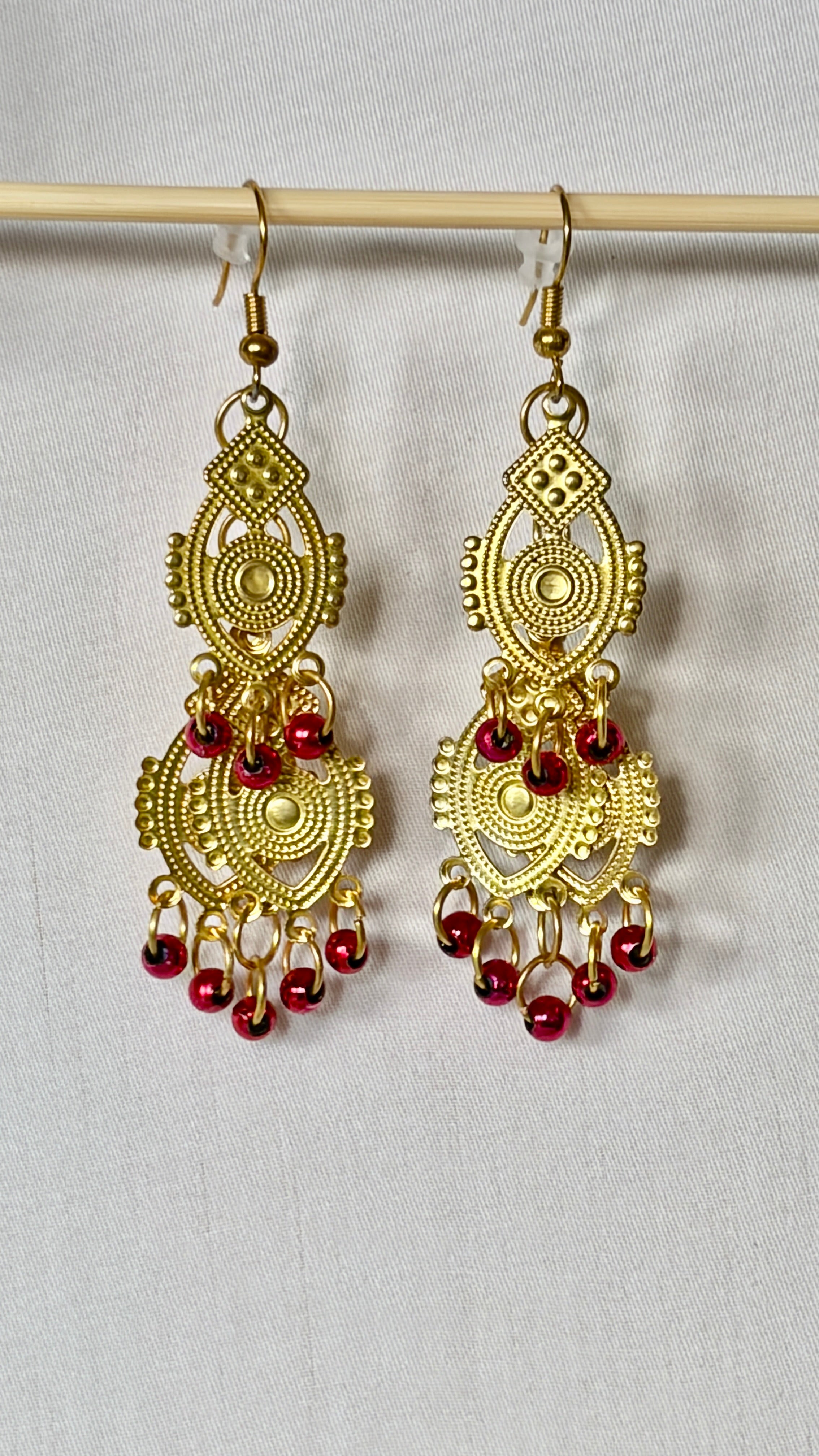 Gold Filigree Chandelier Earrings with Garnet Bead Drops