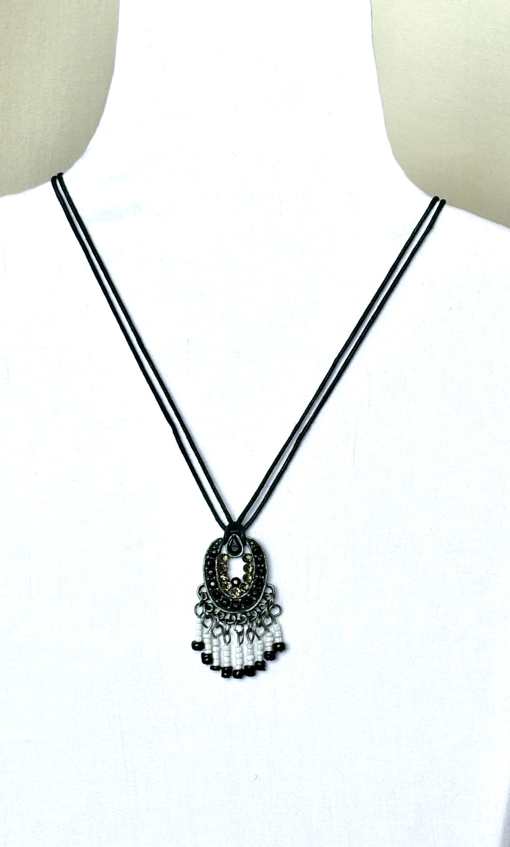 Black & Gold Rhinestone Crescent Pendant Necklace with Seed Bead Fringe