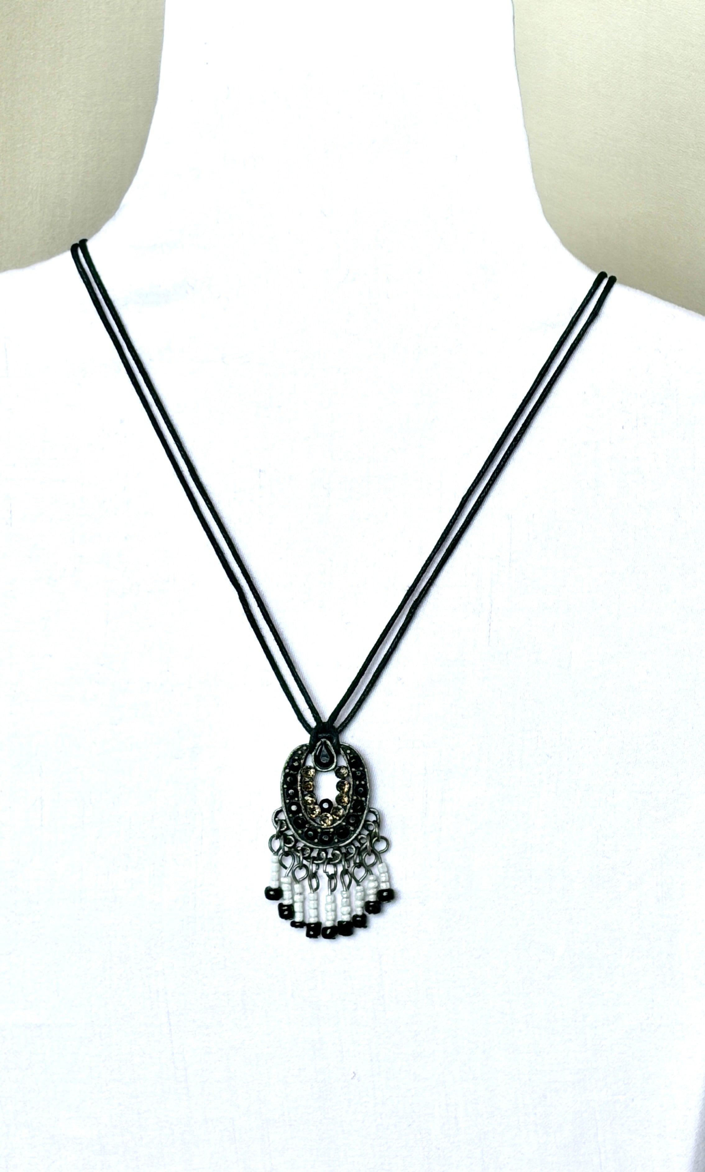 Black & Gold Rhinestone Crescent Pendant Necklace with Seed Bead Fringe