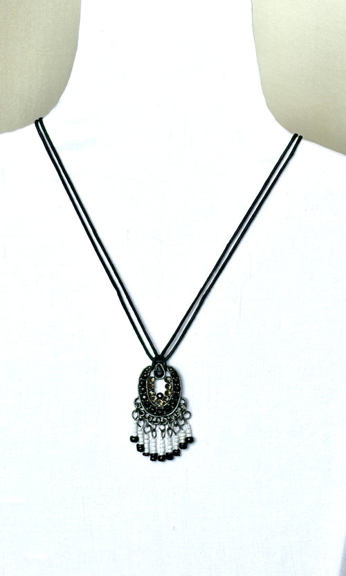 Black & Gold Rhinestone Crescent Pendant Necklace with Seed Bead Fringe