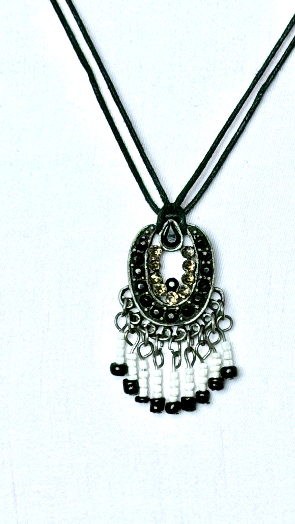 Black & Gold Rhinestone Crescent Pendant Necklace with Seed Bead Fringe
