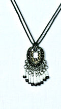 Black & Gold Rhinestone Crescent Pendant Necklace with Seed Bead Fringe