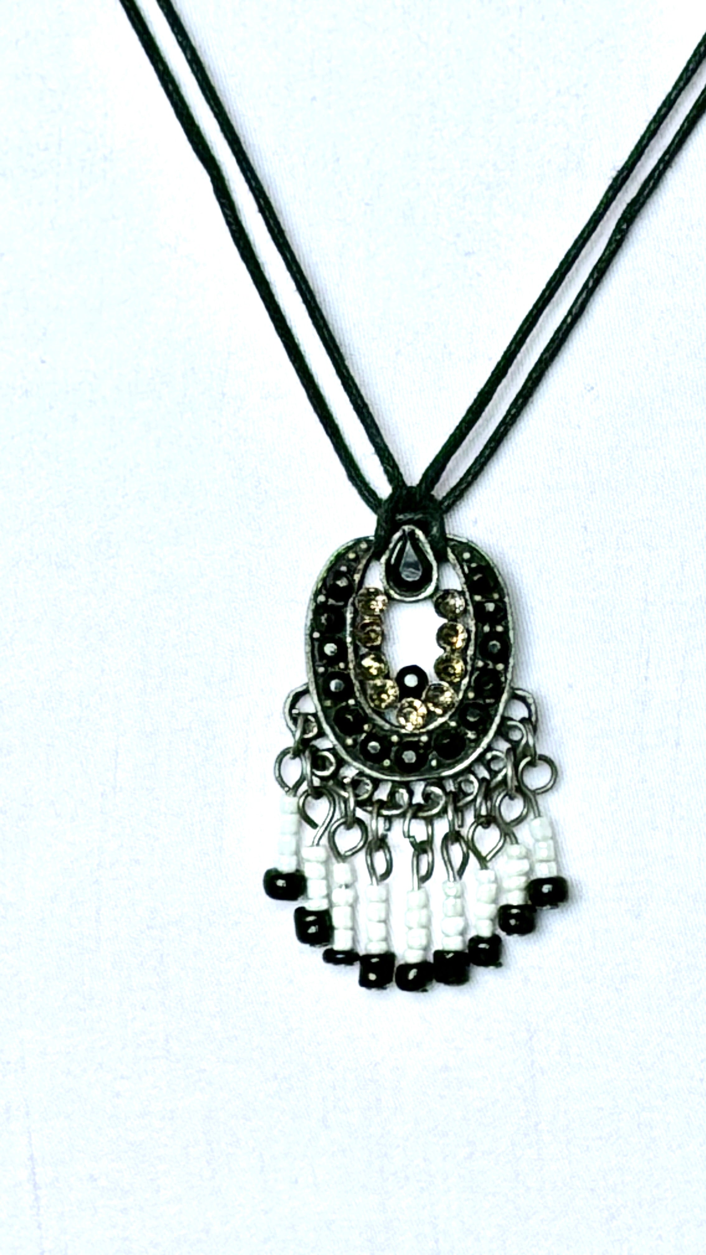Black & Gold Rhinestone Crescent Pendant Necklace with Seed Bead Fringe