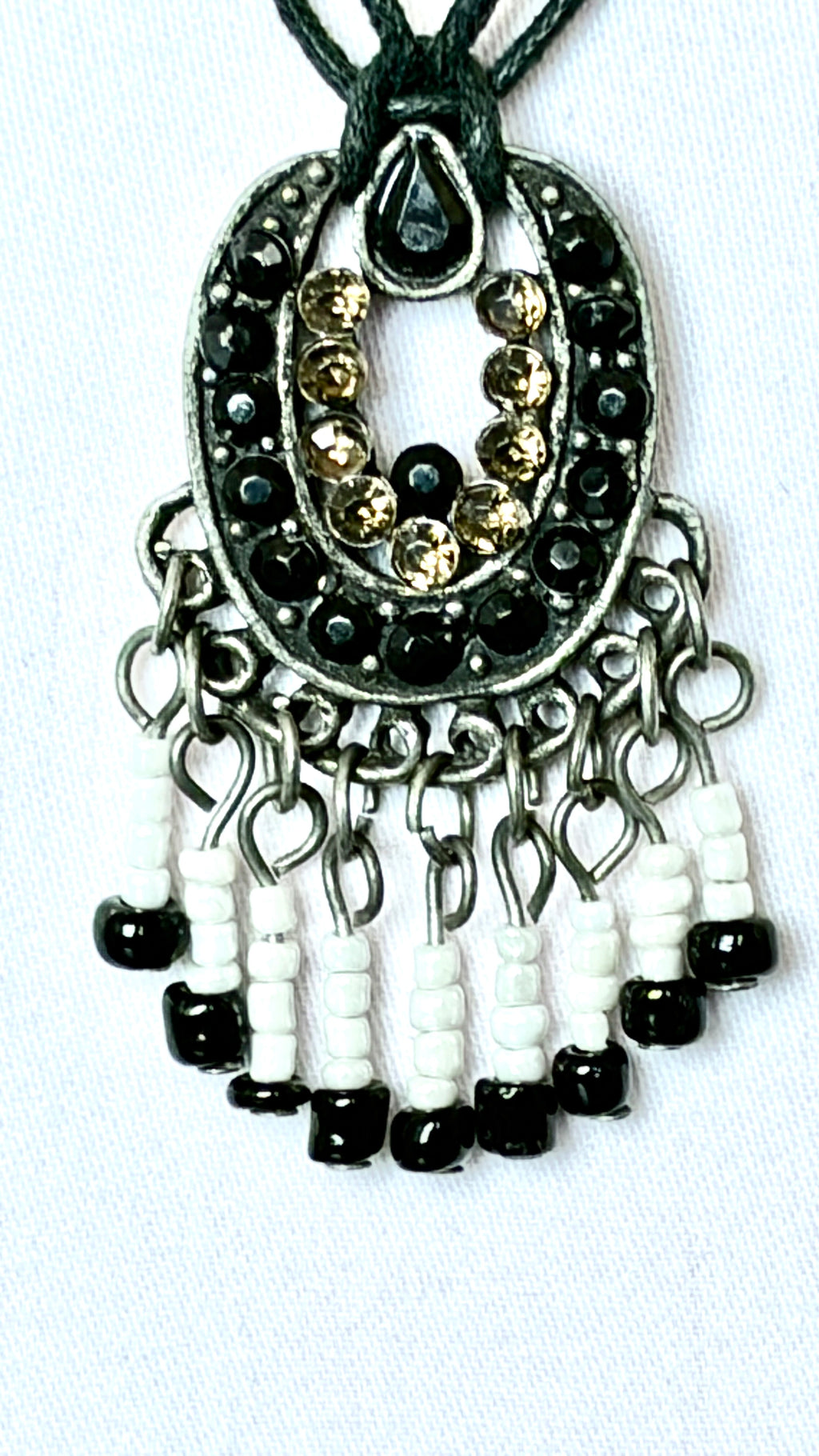 Black & Gold Rhinestone Crescent Pendant Necklace with Seed Bead Fringe