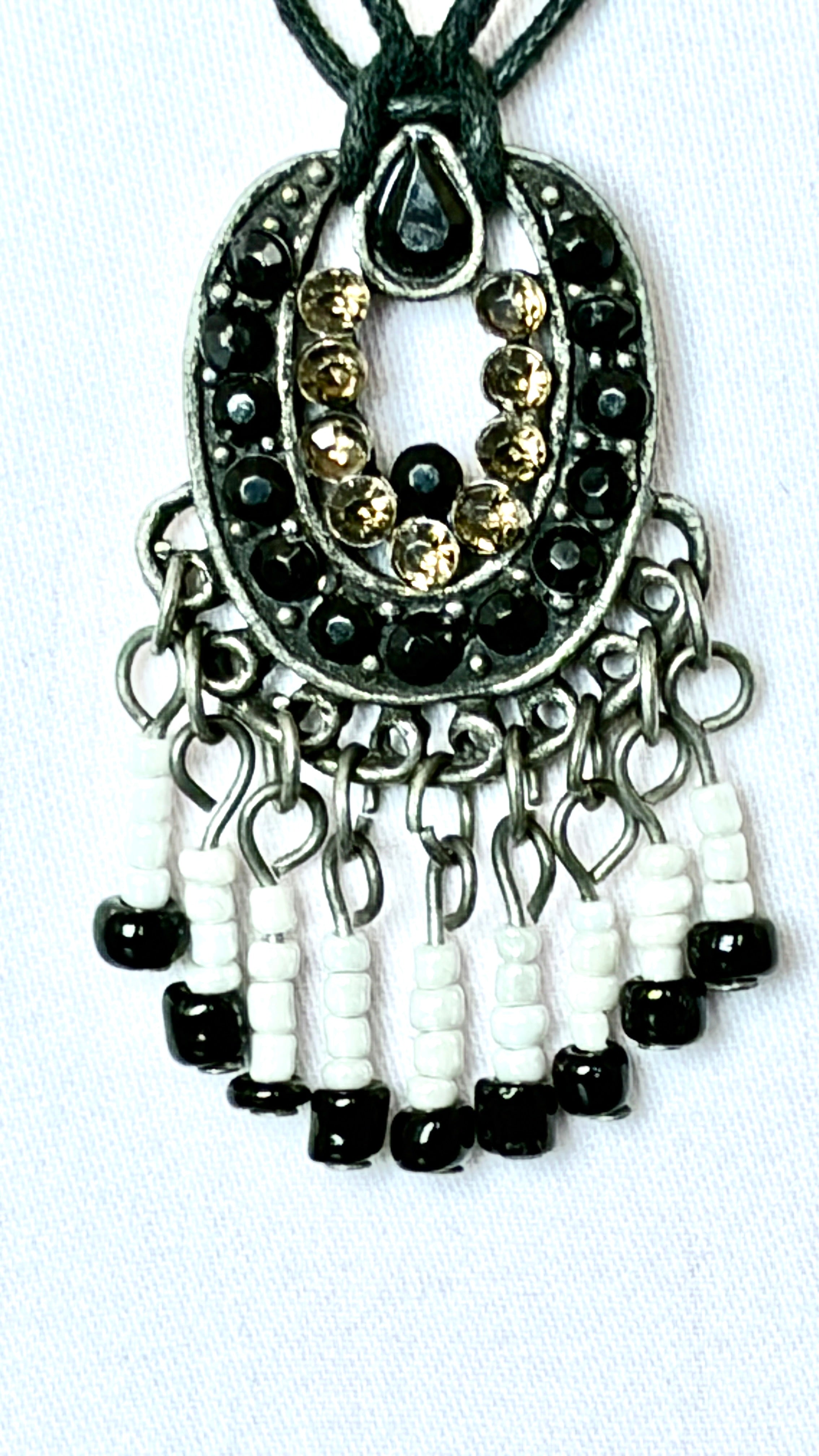 Black & Gold Rhinestone Crescent Pendant Necklace with Seed Bead Fringe