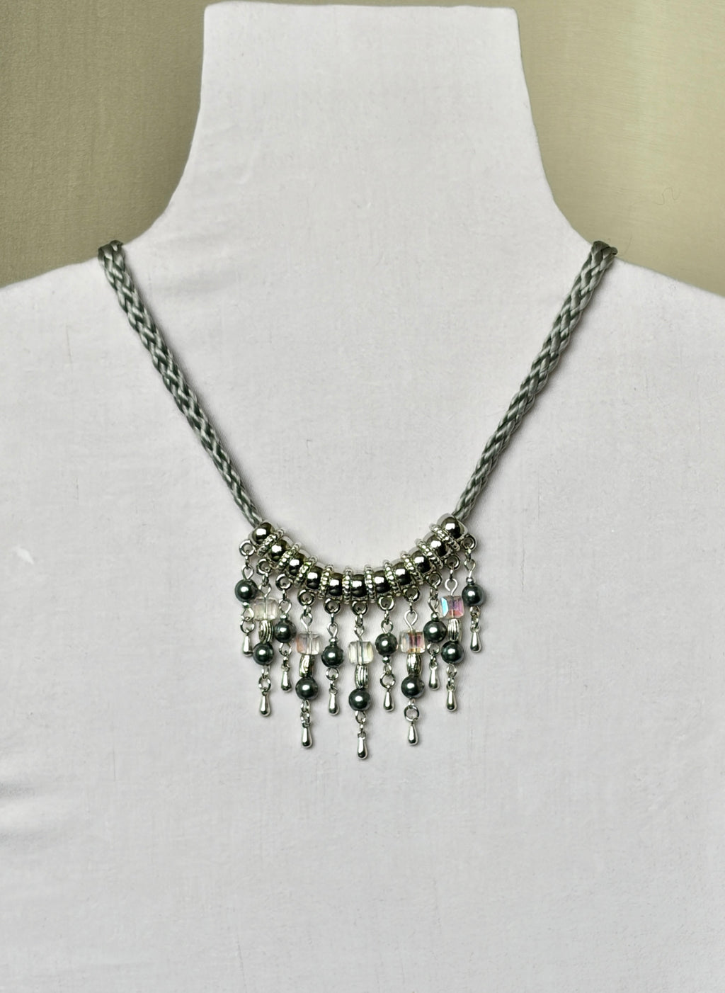 Silver Braided Cord Necklace with Crystal & Hematite Charm Fringe