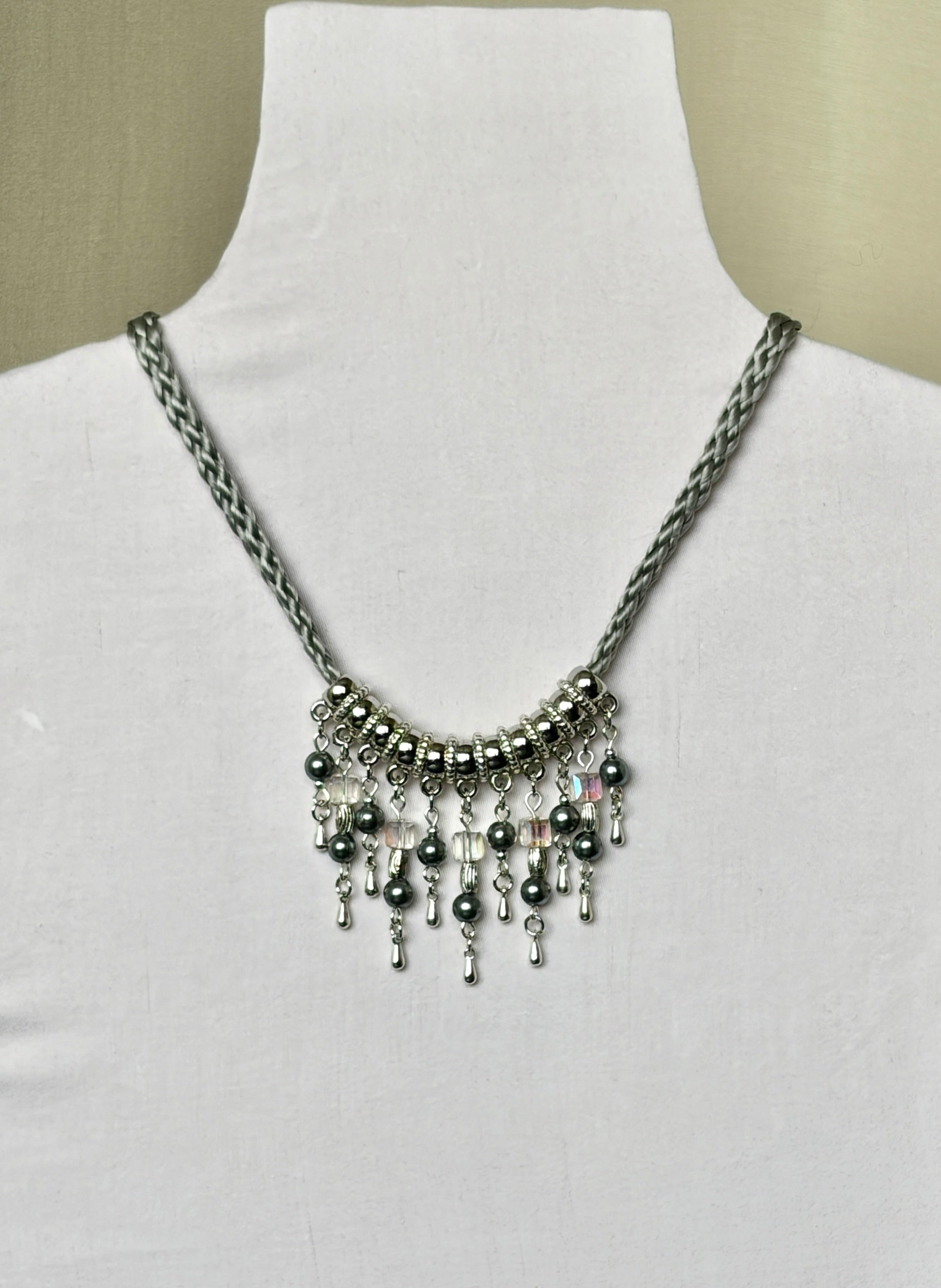 Silver Braided Cord Necklace with Crystal & Hematite Charm Fringe