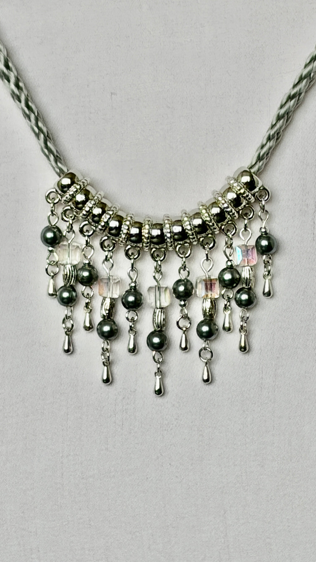 Silver Braided Cord Necklace with Crystal & Hematite Charm Fringe