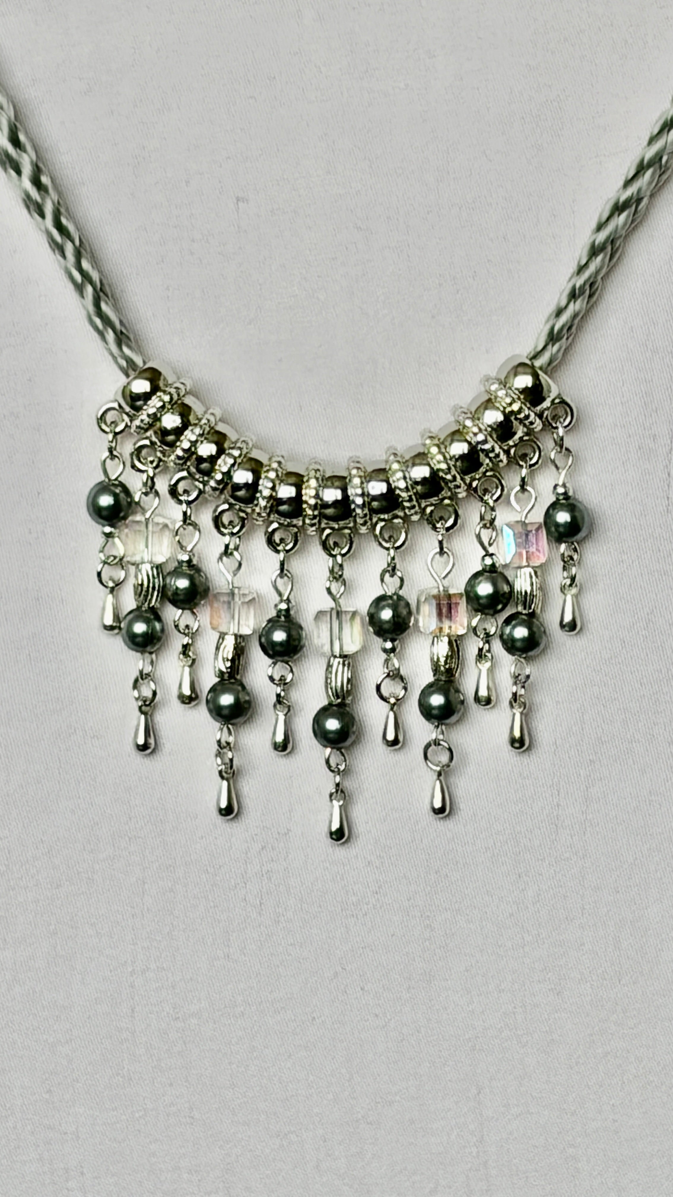 Silver Braided Cord Necklace with Crystal & Hematite Charm Fringe