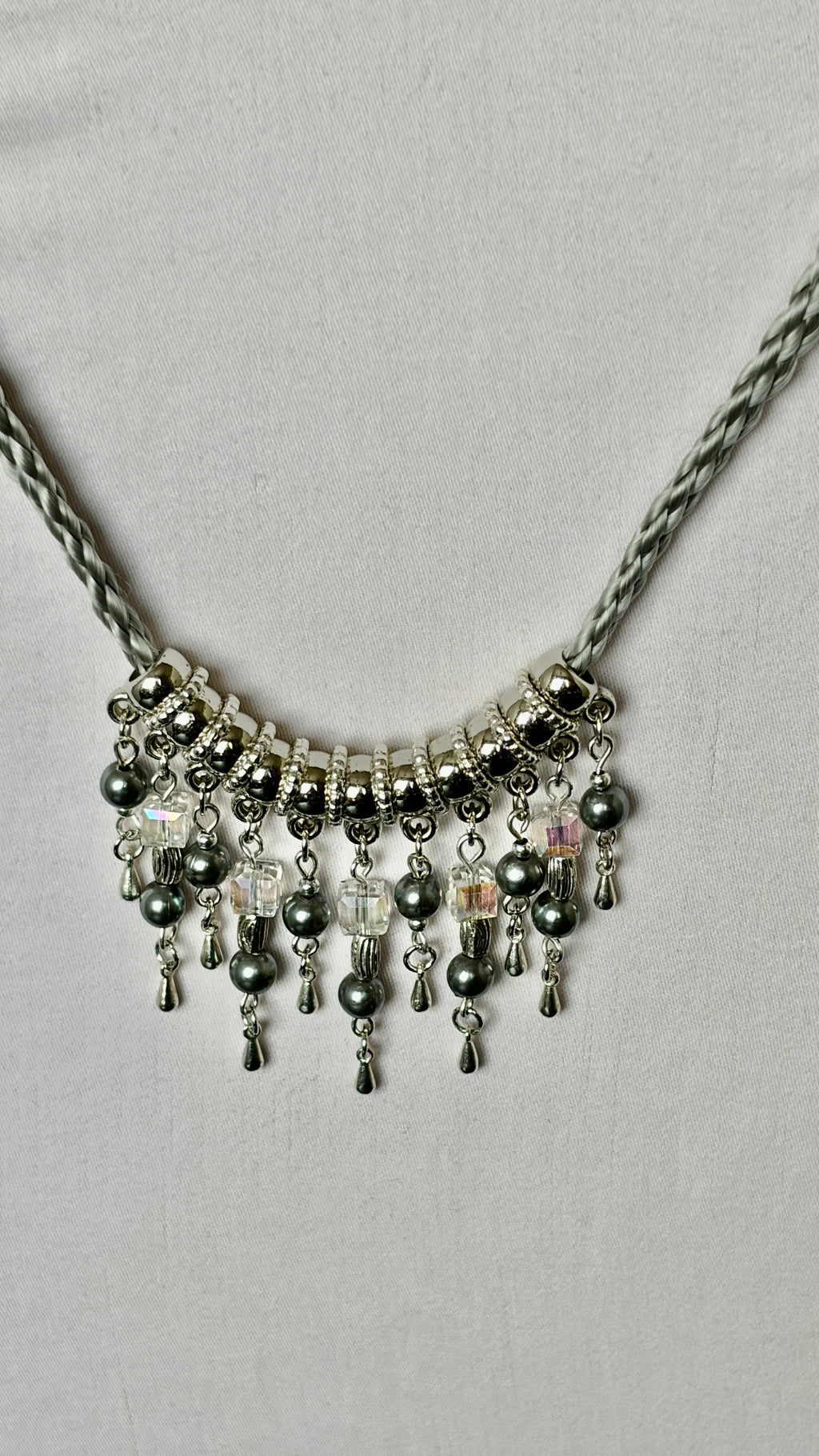Silver Braided Cord Necklace with Crystal & Hematite Charm Fringe