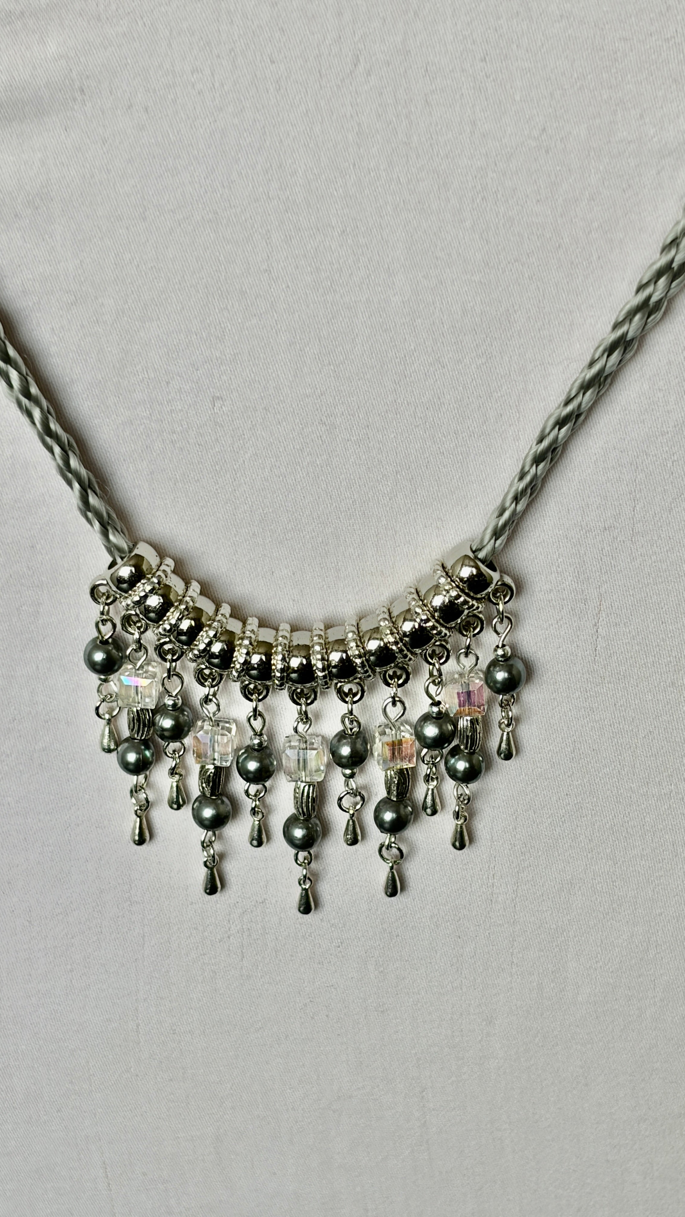Silver Braided Cord Necklace with Crystal & Hematite Charm Fringe