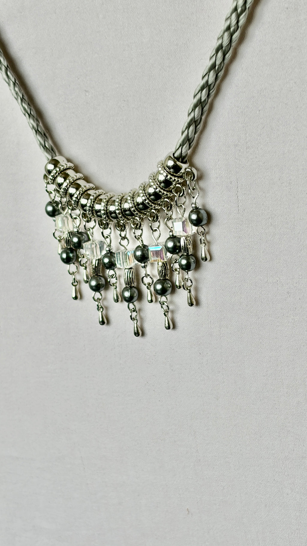 Silver Braided Cord Necklace with Crystal & Hematite Charm Fringe