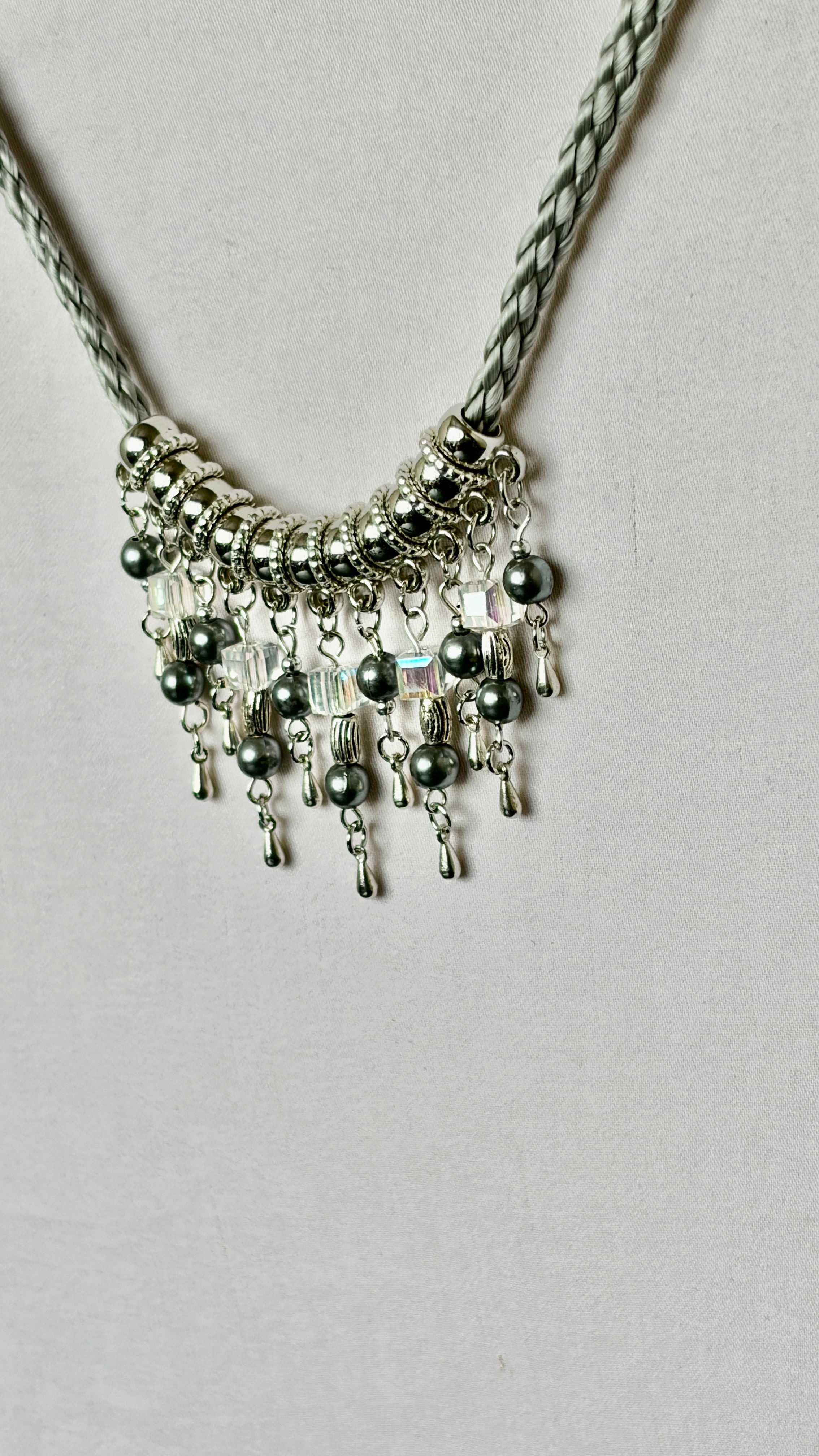 Silver Braided Cord Necklace with Crystal & Hematite Charm Fringe
