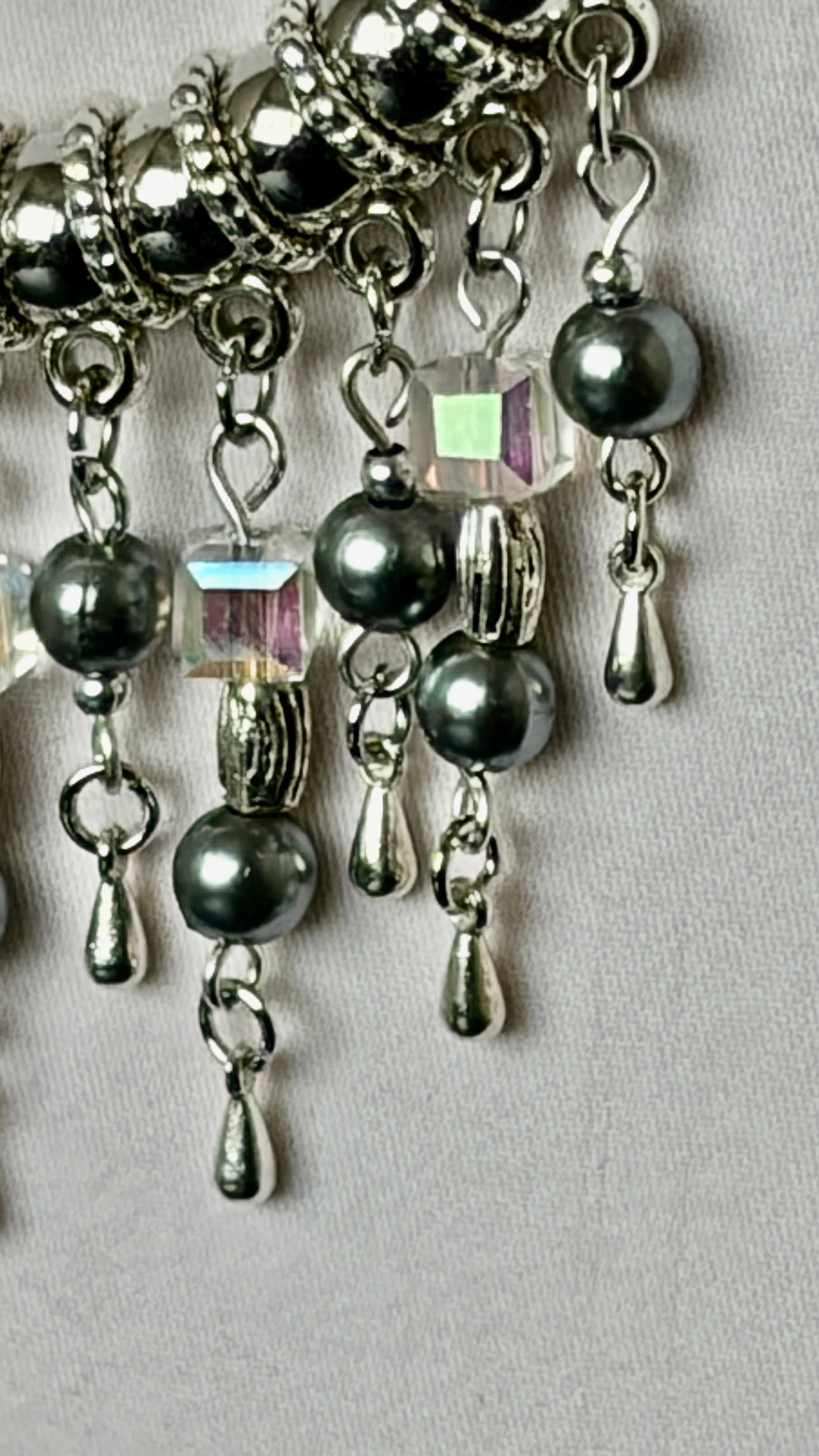 Silver Braided Cord Necklace with Crystal & Hematite Charm Fringe