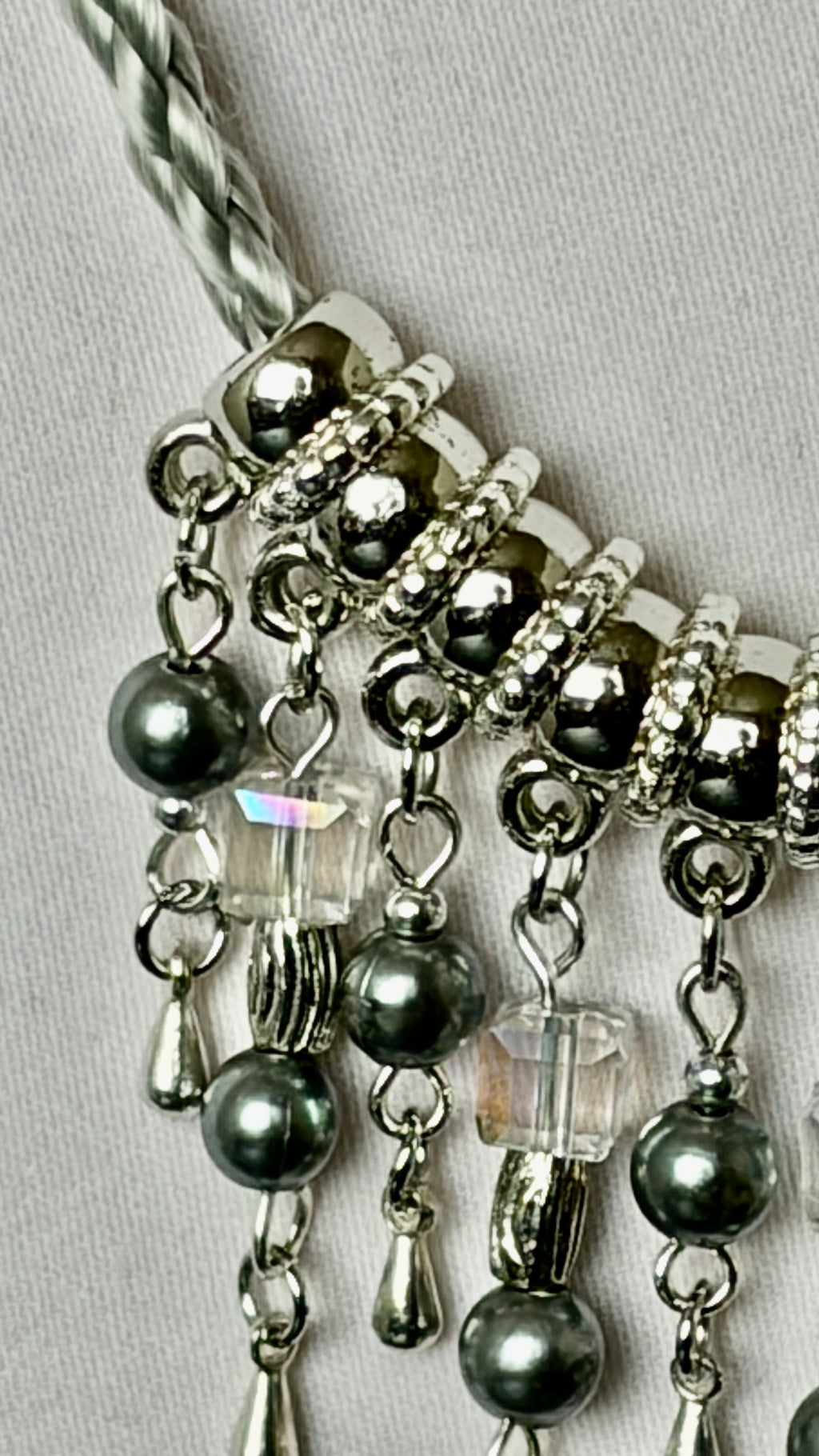 Silver Braided Cord Necklace with Crystal & Hematite Charm Fringe