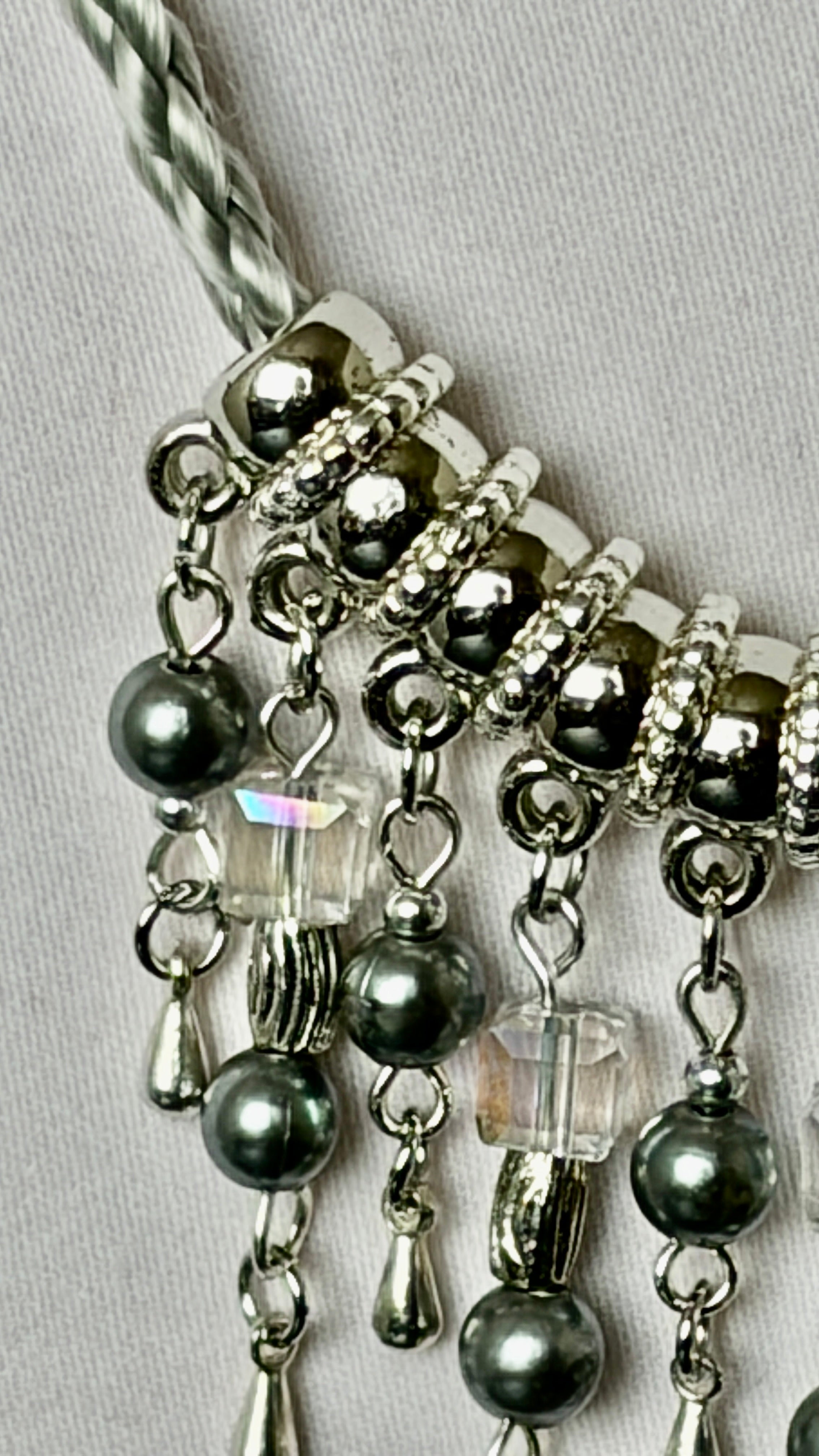 Silver Braided Cord Necklace with Crystal & Hematite Charm Fringe