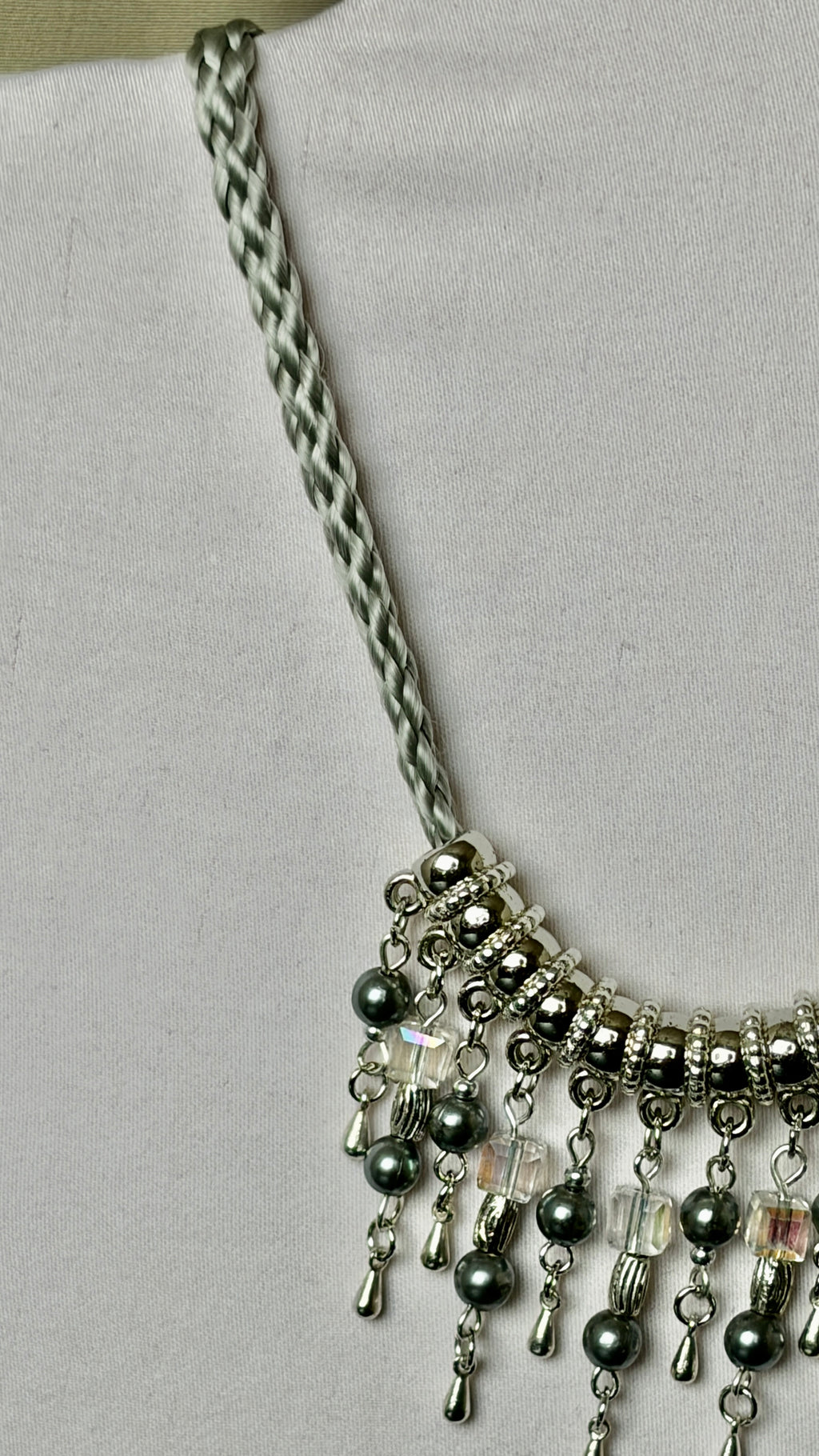 Silver Braided Cord Necklace with Crystal & Hematite Charm Fringe