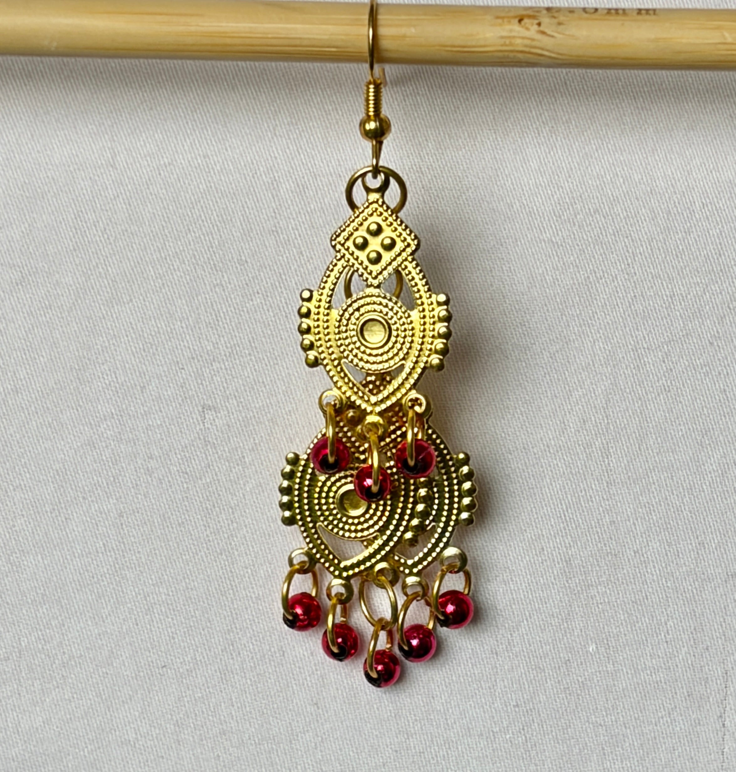 Gold Filigree Chandelier Earrings with Garnet Bead Drops