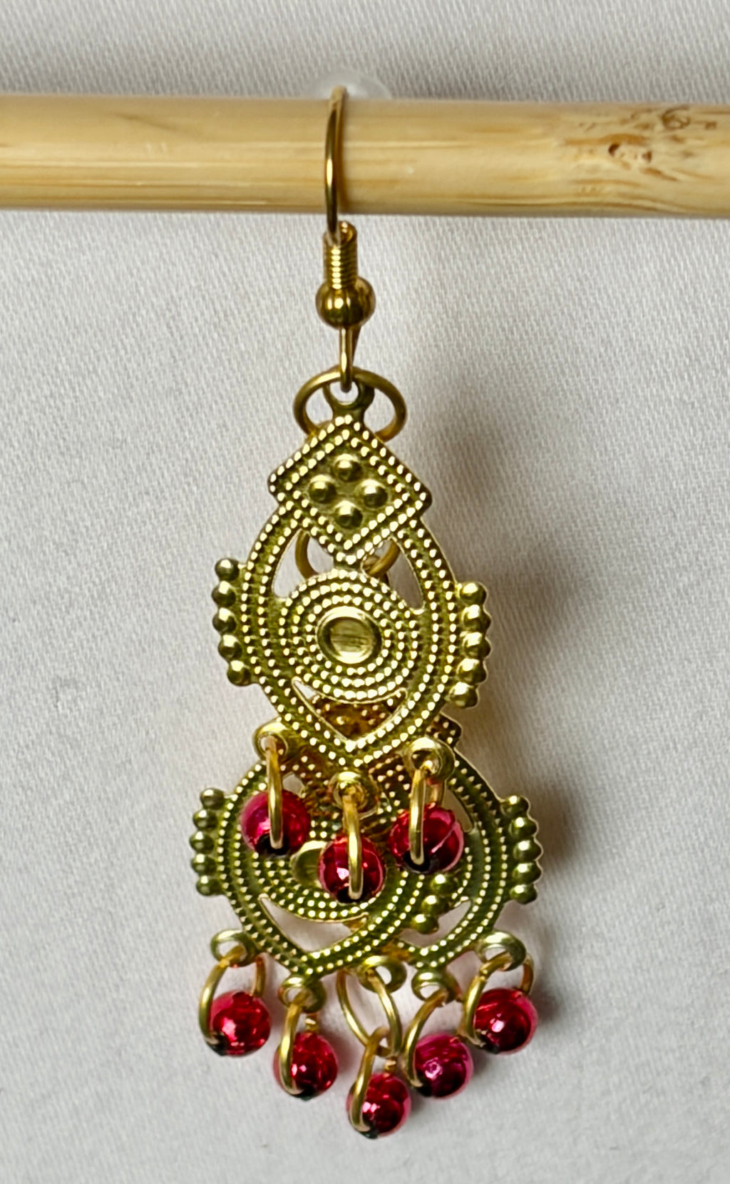 Gold Filigree Chandelier Earrings with Garnet Bead Drops