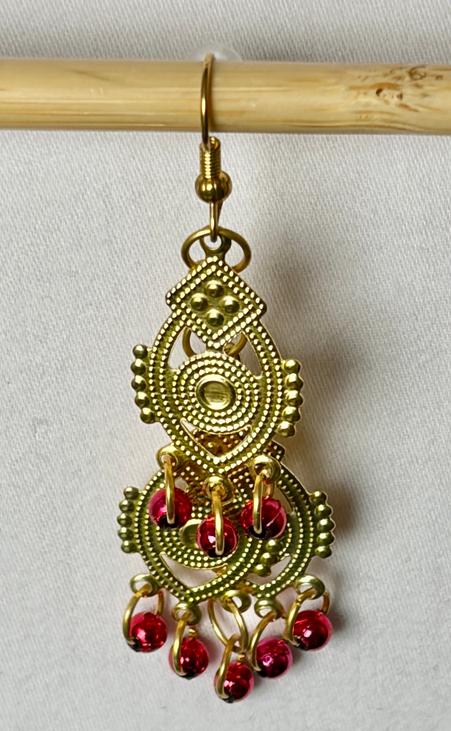 Gold Filigree Chandelier Earrings with Garnet Bead Drops