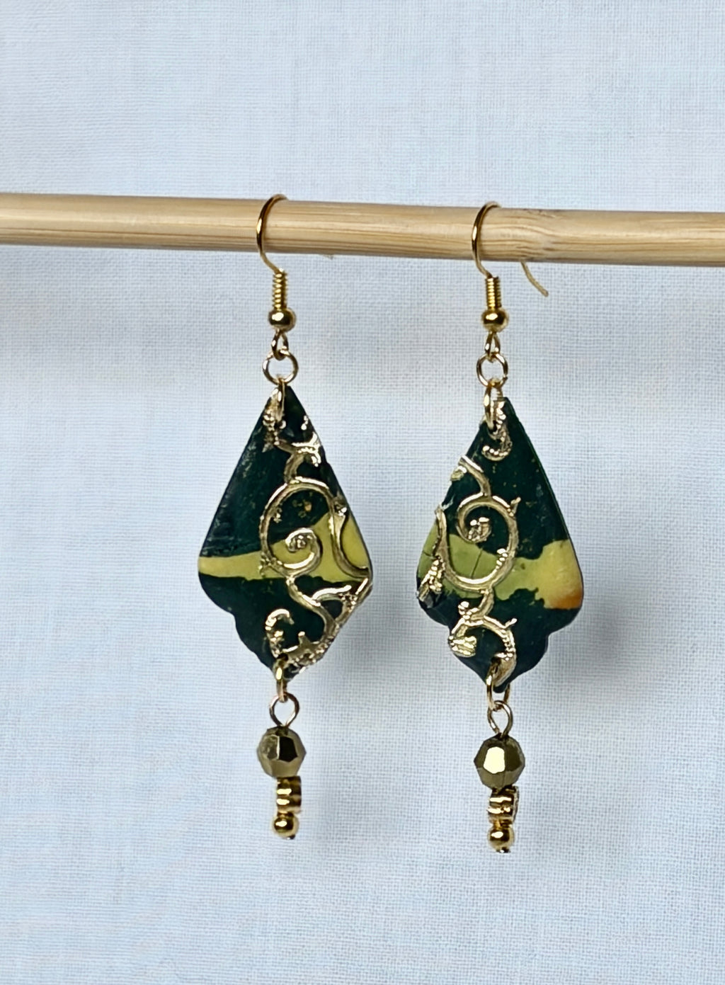 Black & Gold Filigree Polymer Clay Drop Earrings