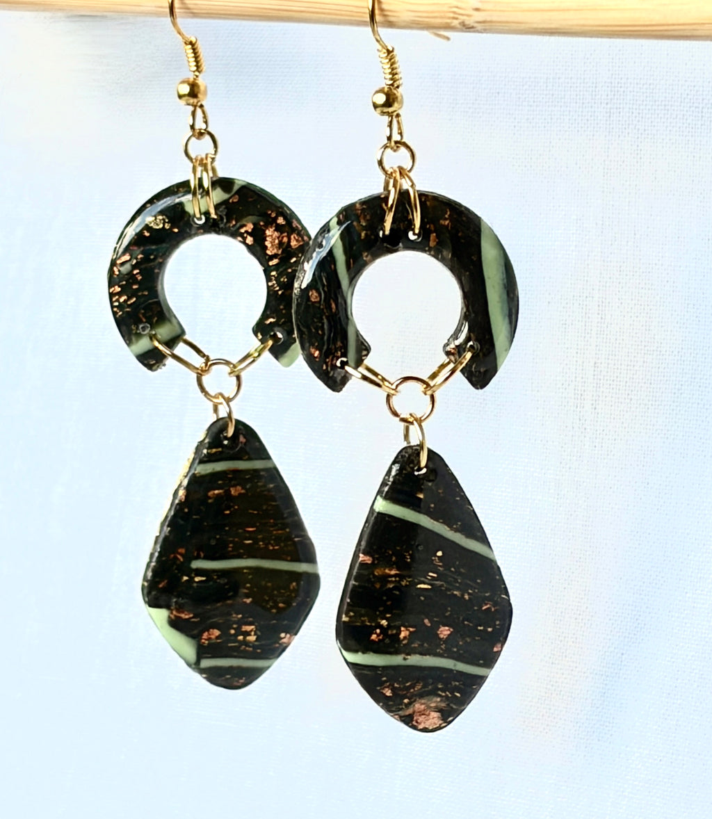 Forest Green & Mint Stripe Polymer Clay Drop Earrings