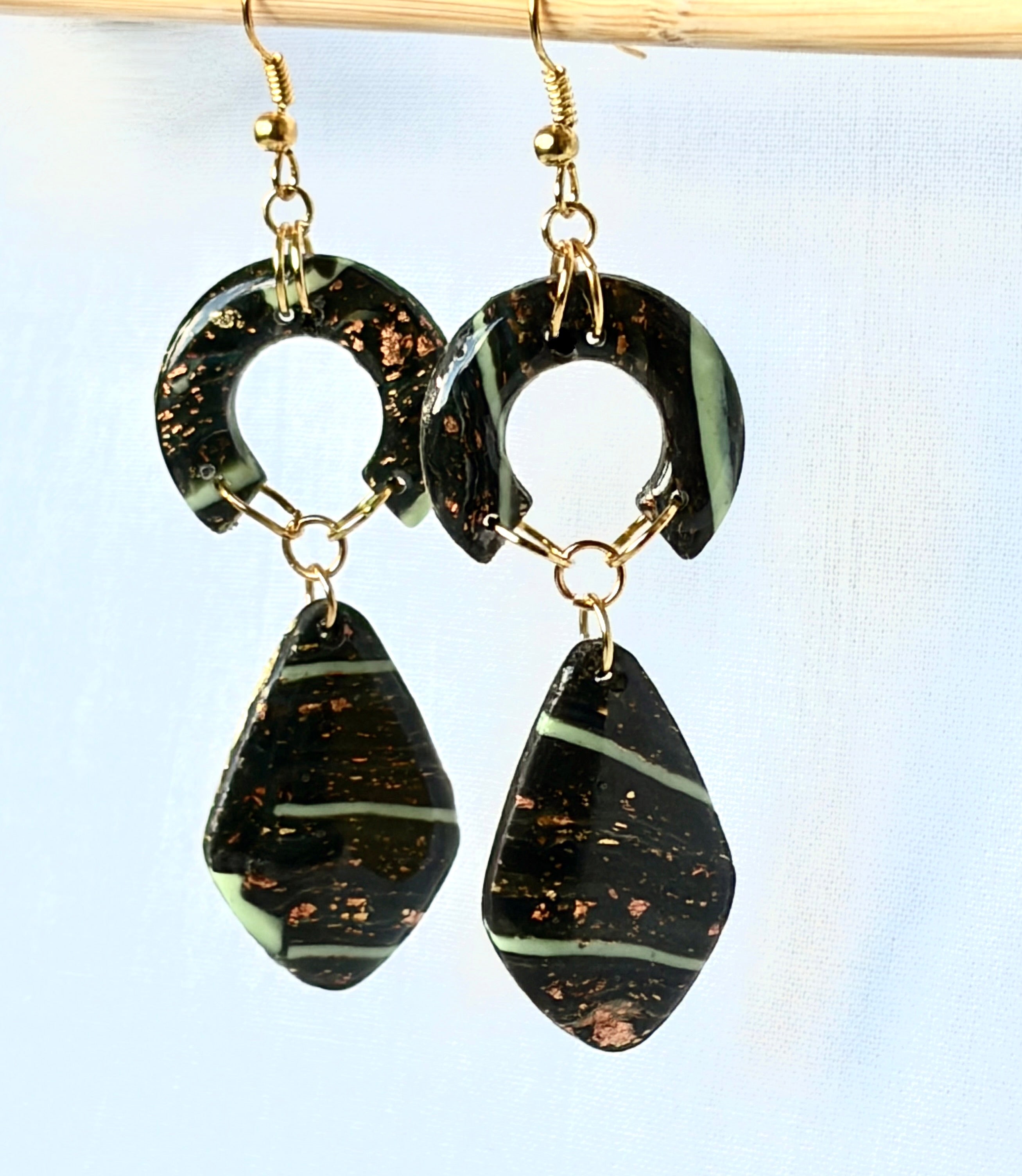 Forest Green & Mint Stripe Polymer Clay Drop Earrings