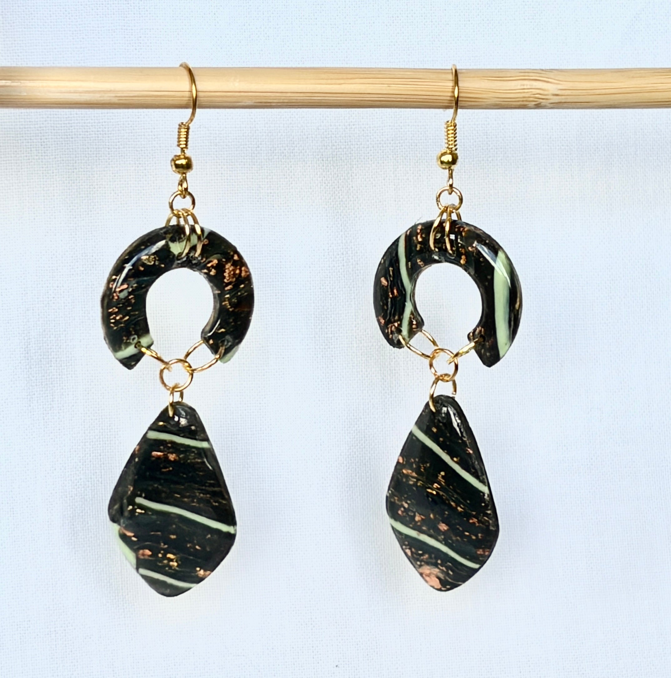 Forest Green & Mint Stripe Polymer Clay Drop Earrings