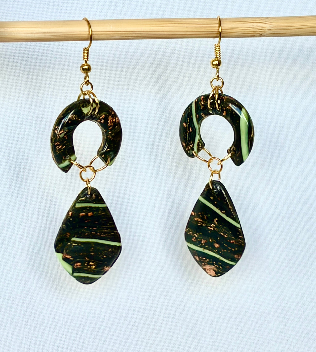 Forest Green & Mint Stripe Polymer Clay Drop Earrings