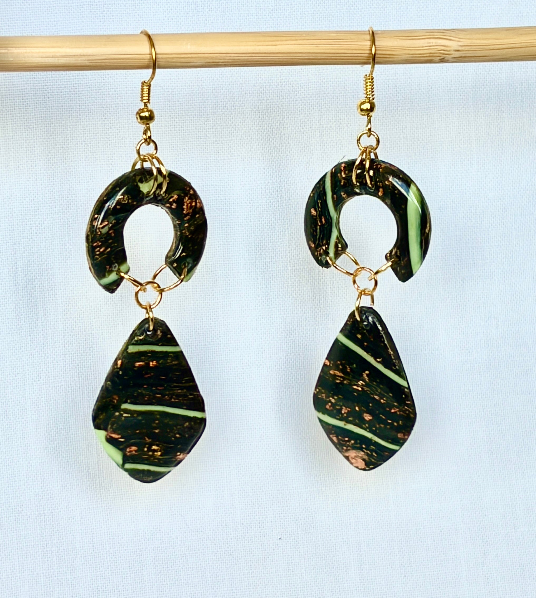 Forest Green & Mint Stripe Polymer Clay Drop Earrings