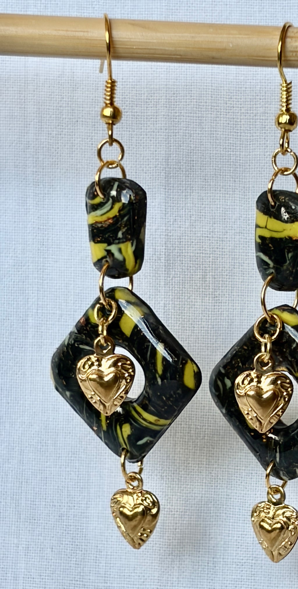 Black & Yellow Marbled Sacred Heart Polymer Clay Drop Earrings
