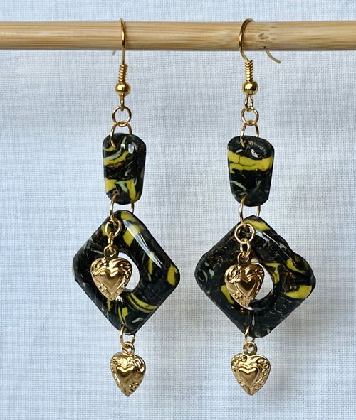 Black & Yellow Marbled Sacred Heart Polymer Clay Drop Earrings