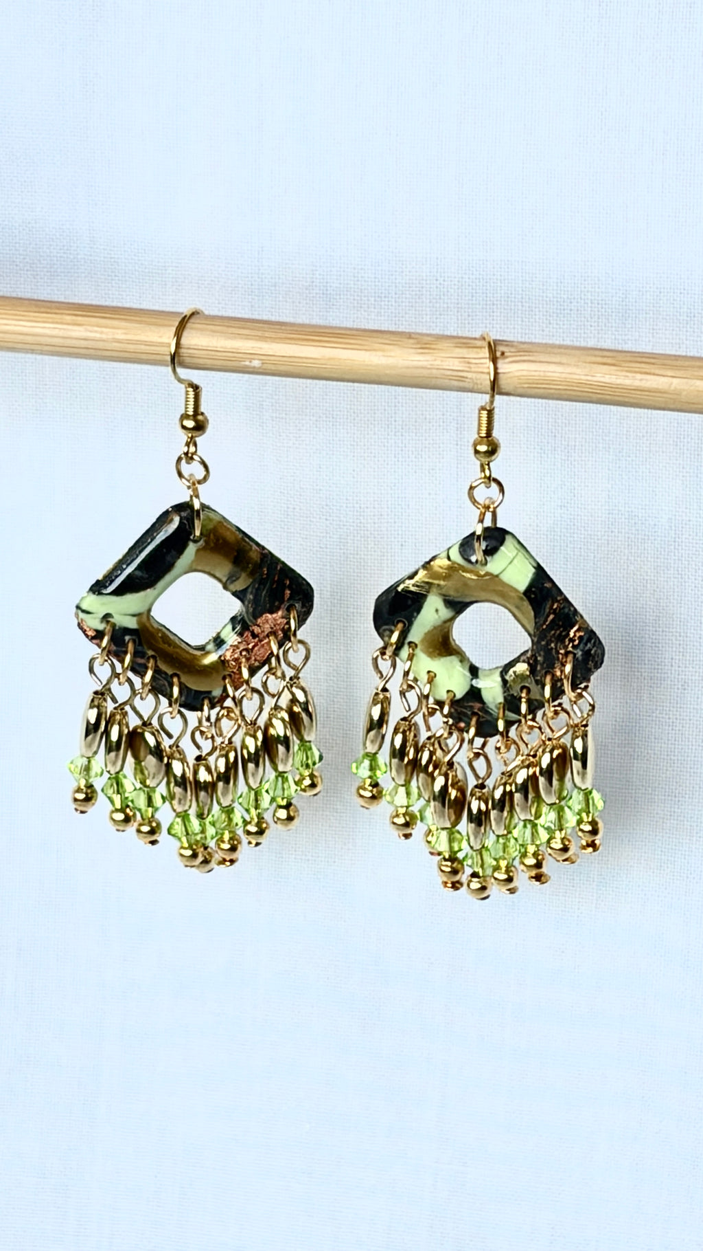 Dark Green & Gold Chandelier Polymer Clay Drop Earrings