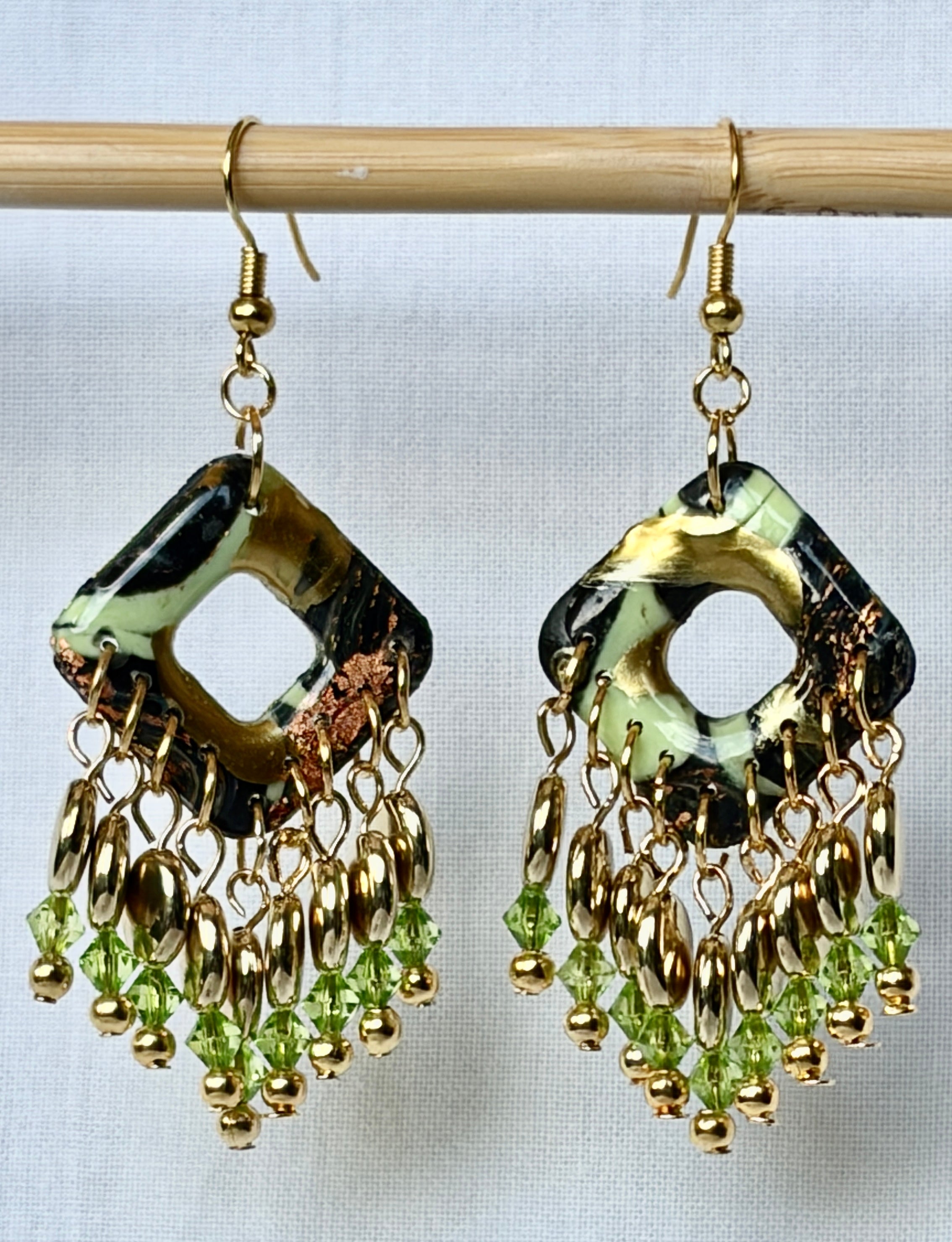 Dark Green & Gold Chandelier Polymer Clay Drop Earrings