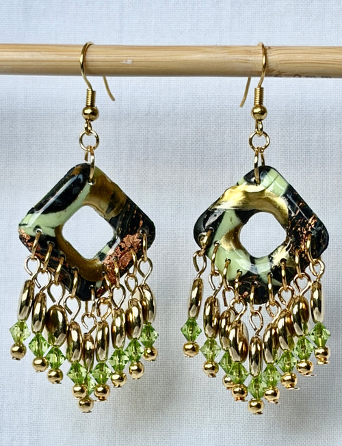 Dark Green & Gold Chandelier Polymer Clay Drop Earrings