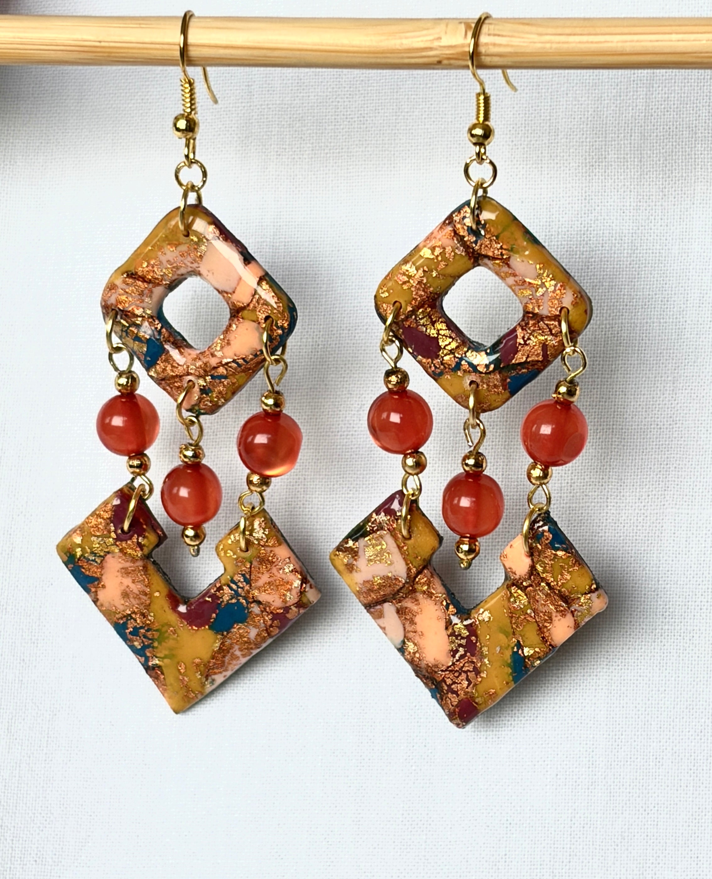 Copper Marble Polymer Clay Diamond Drop Earrings