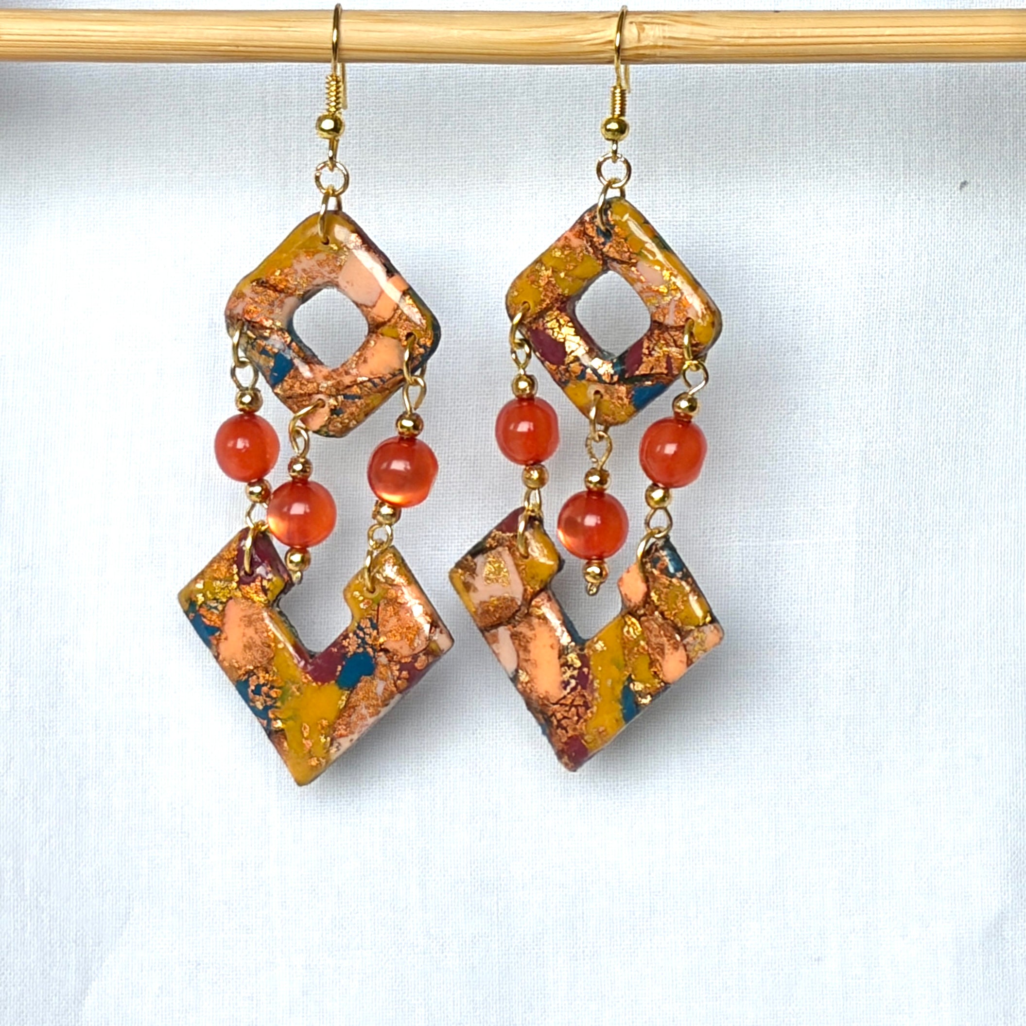 Copper Marble Polymer Clay Diamond Drop Earrings